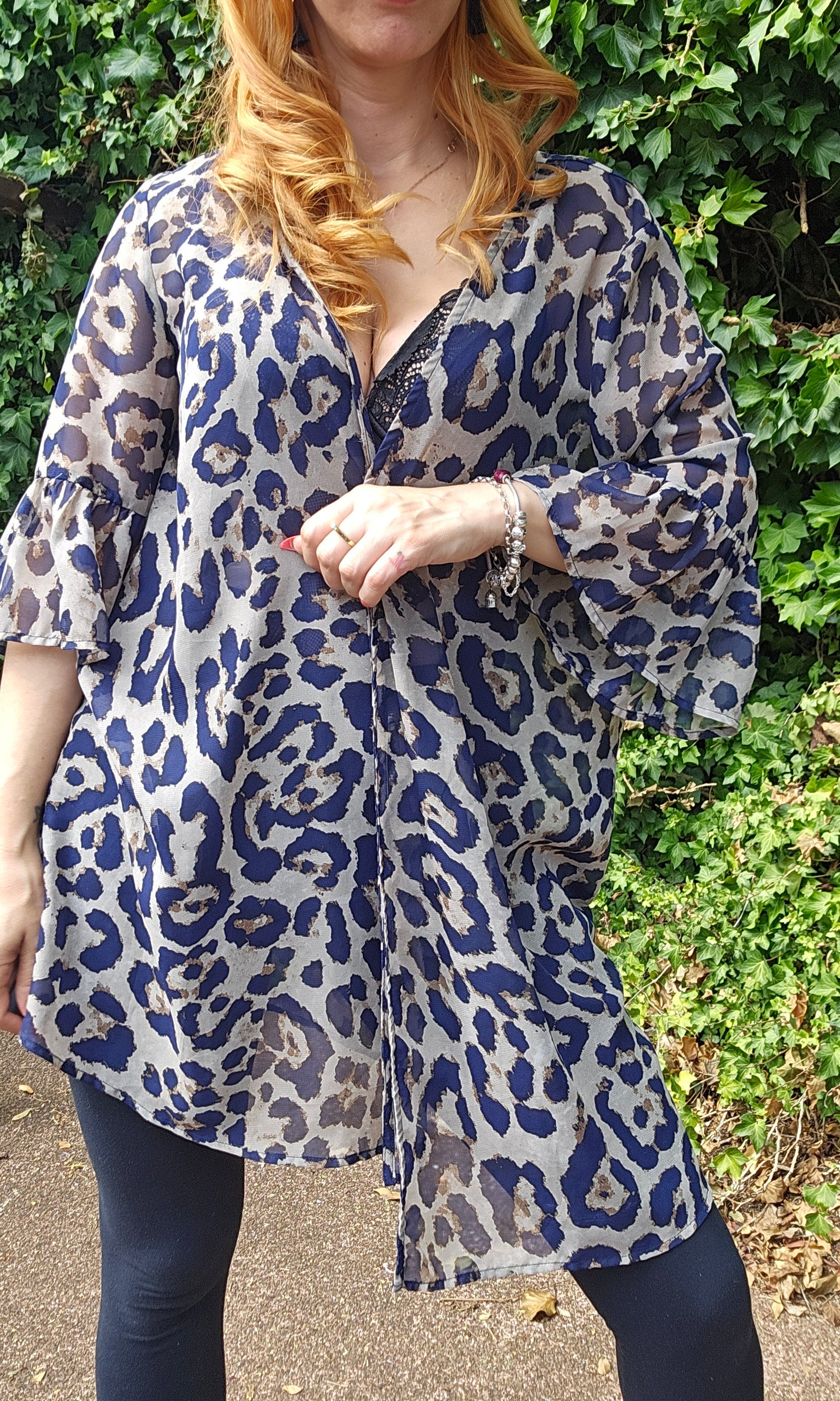 Sheer kimono with leopard print detail duster Jacket Kaftan top Kimono Sleeve