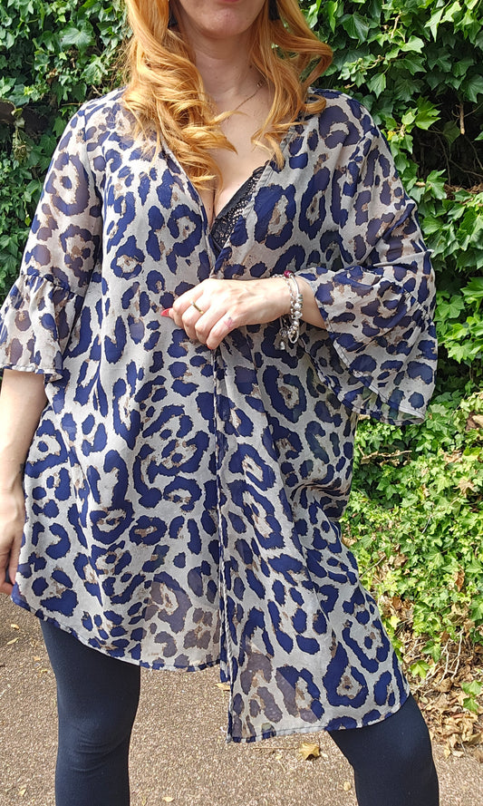 Sheer kimono with leopard print detail duster Jacket Kaftan top Kimono Sleeve