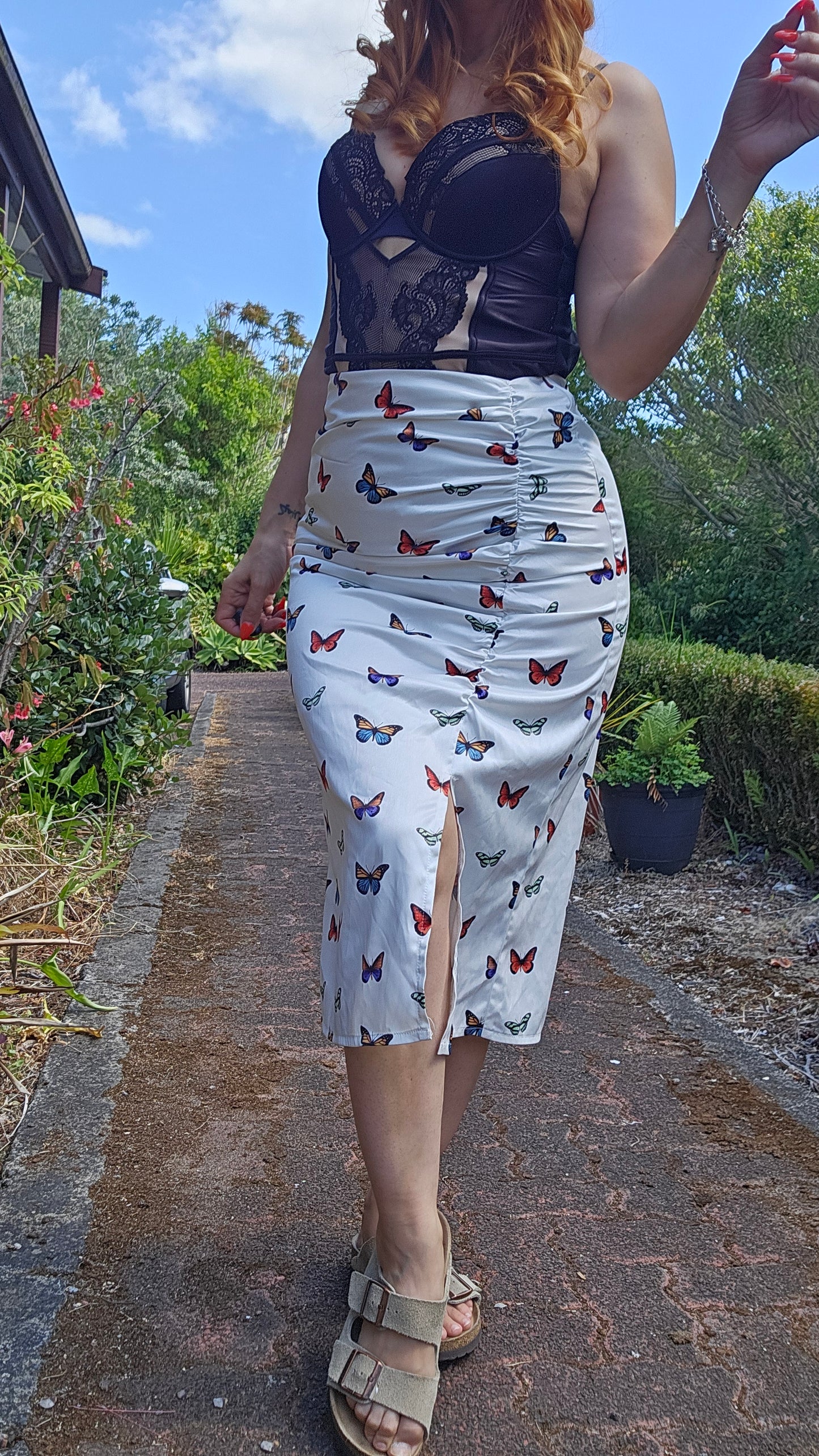 White Butterflies Midi skirt - Preloved skirt - Pink polka skirt