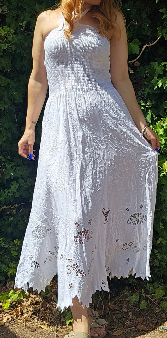 lovely pre-loved white bohemian maxi dress with embroidery details, in good used condition. available online or purchasing in auckland