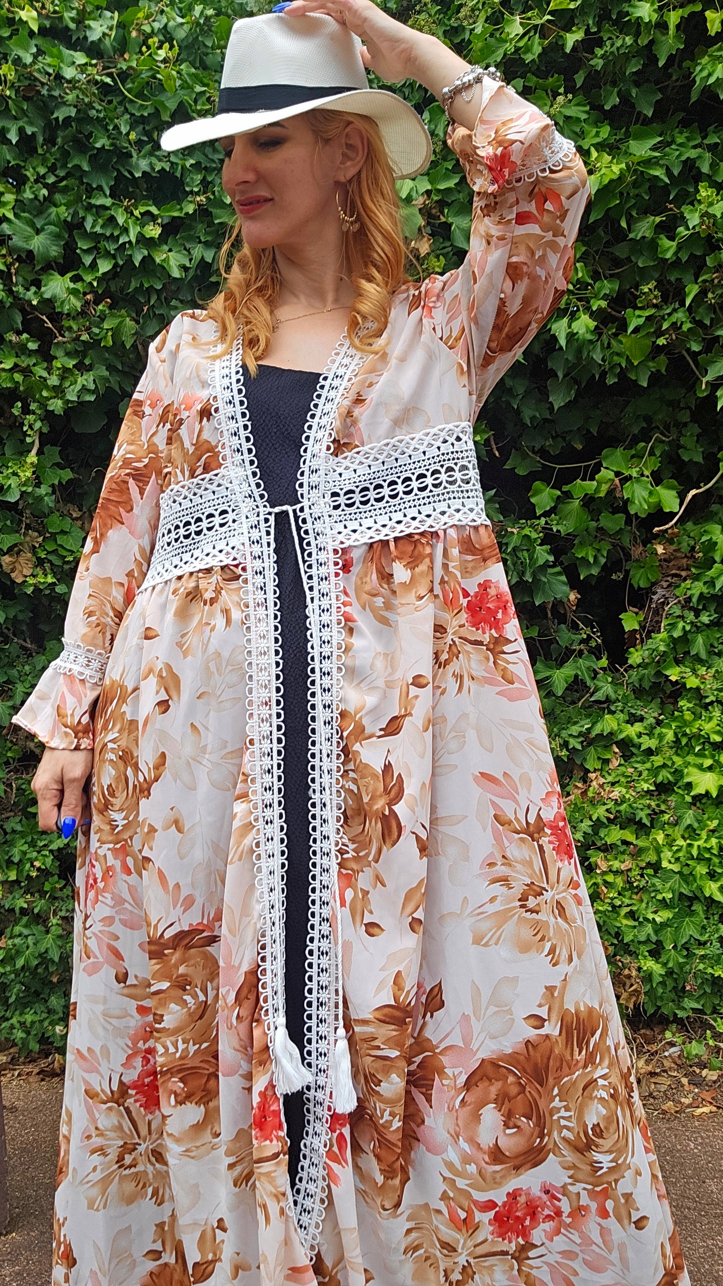 Bohemian cover-up Kimono floral long Light Coat