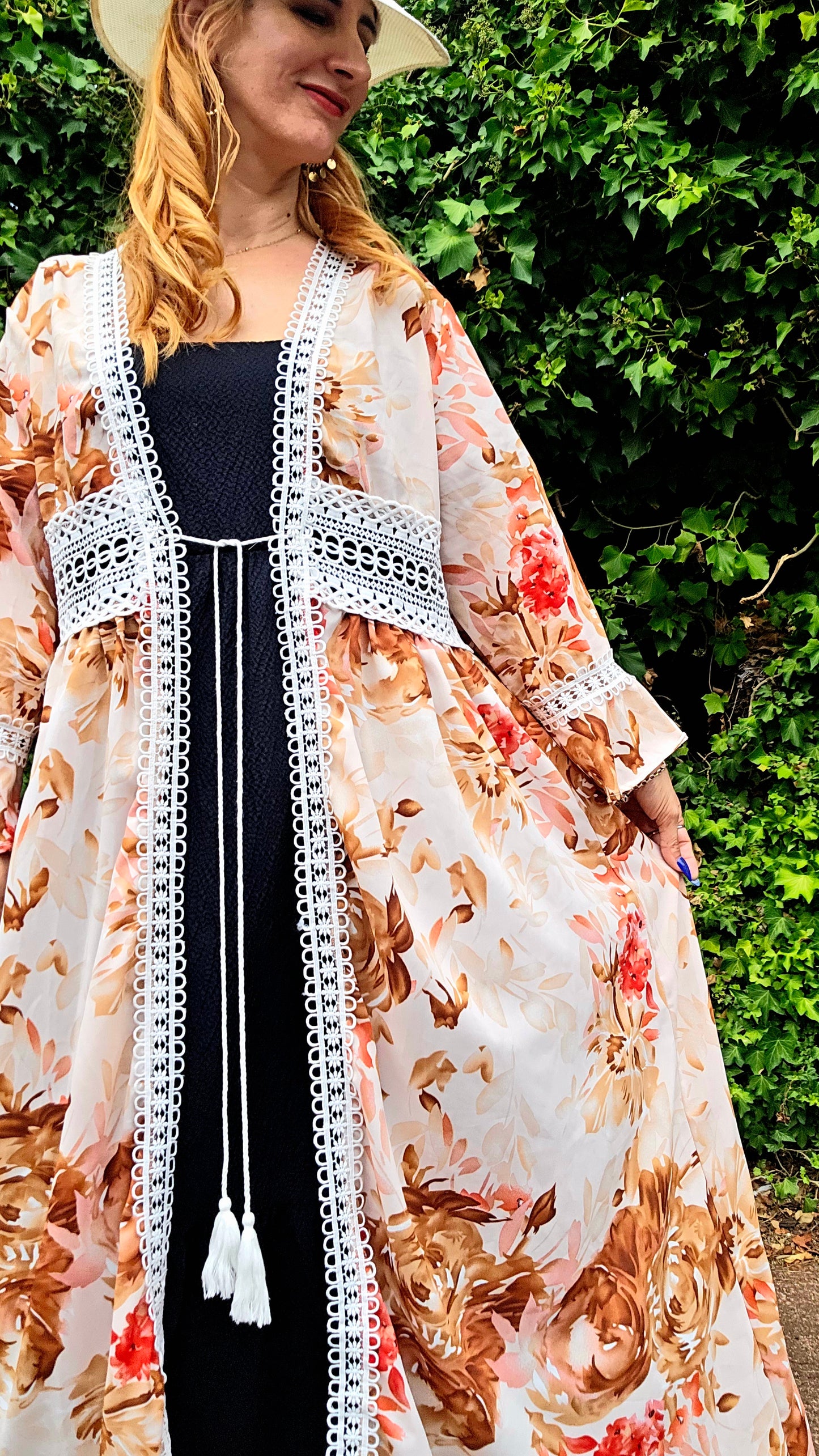 Bohemian cover-up Kimono floral long Light Coat