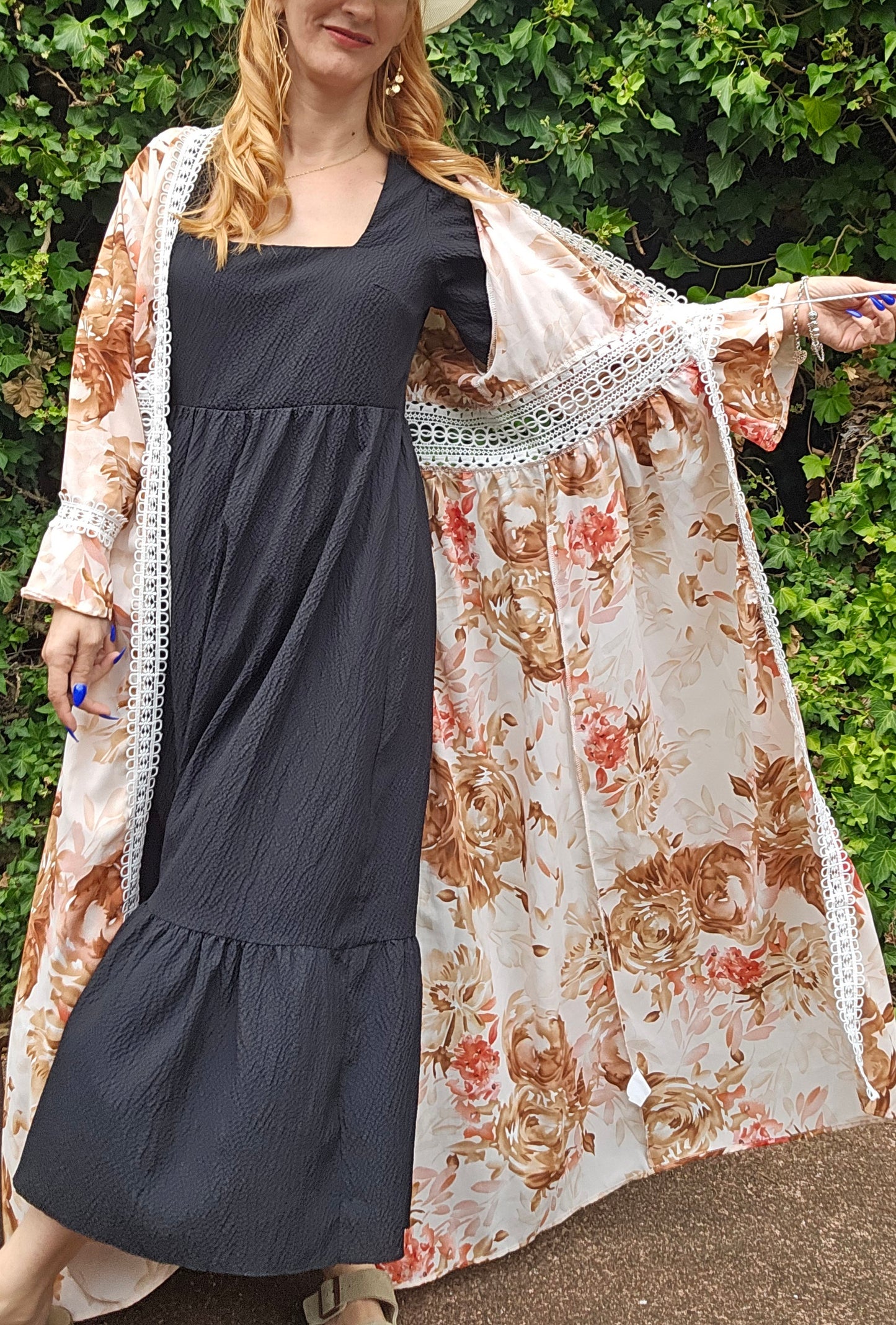 Bohemian cover-up Kimono floral long Light Coat
