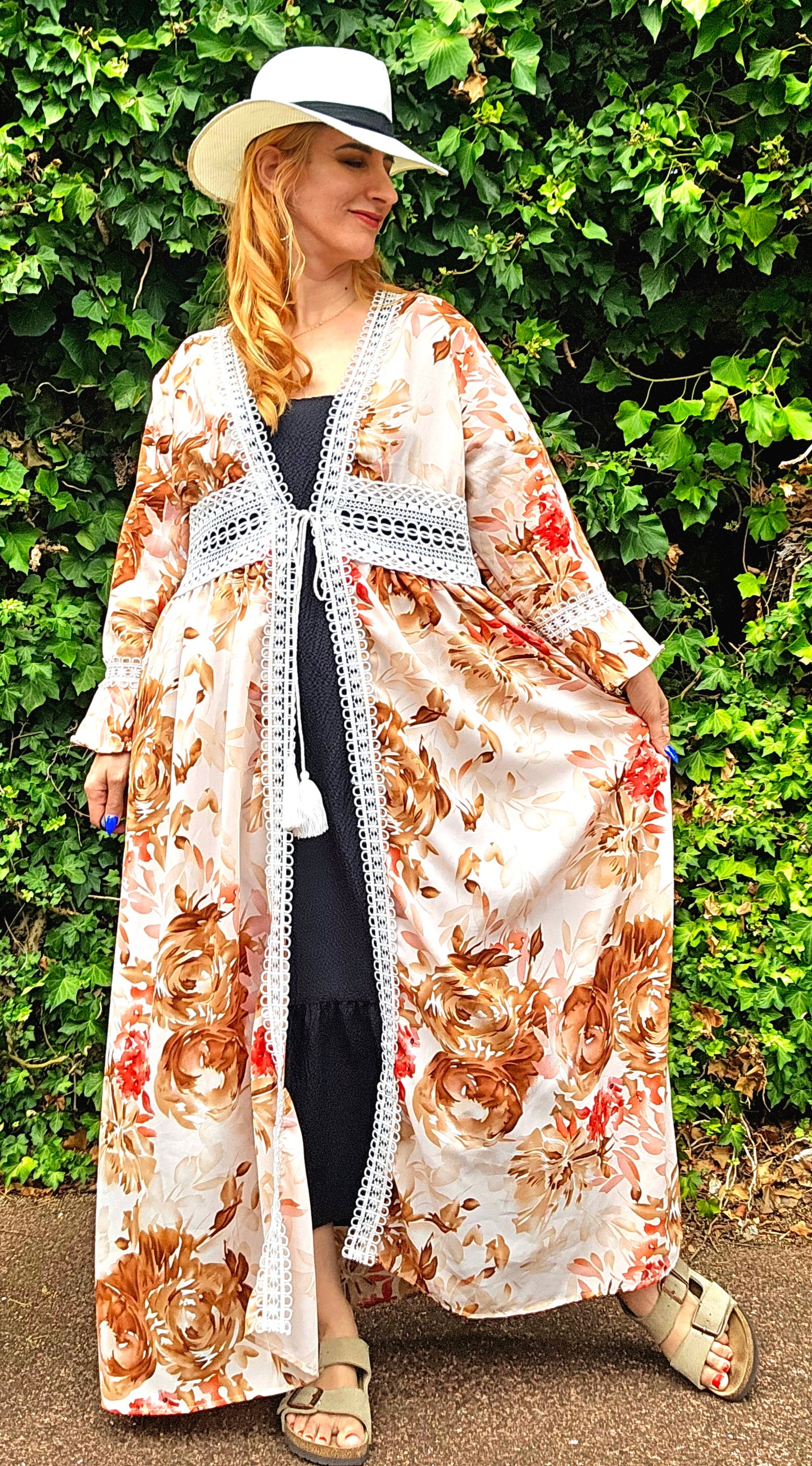 Bohemian cover-up Kimono floral long Light Coat