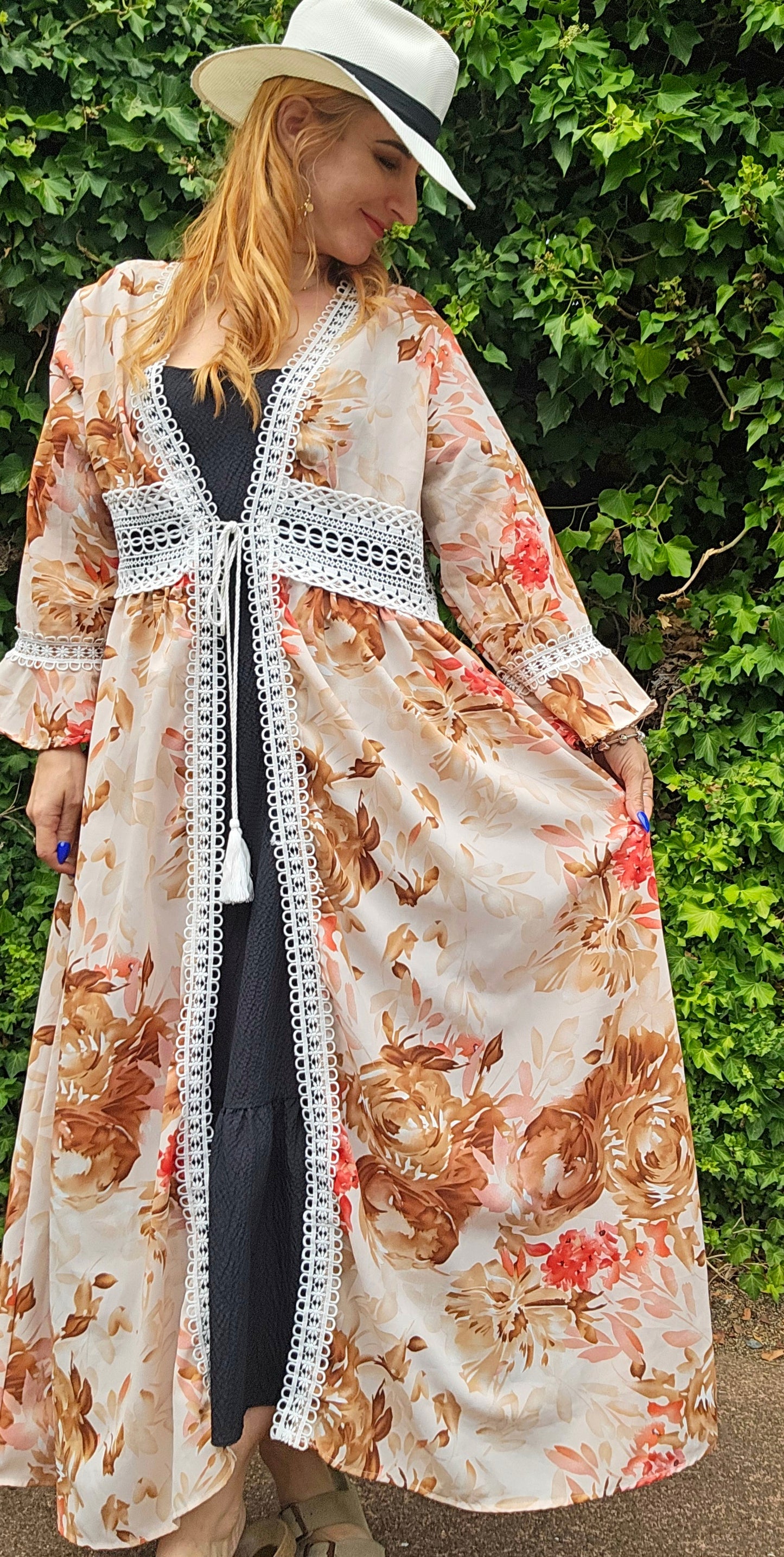 Bohemian cover-up Kimono floral long Light Coat