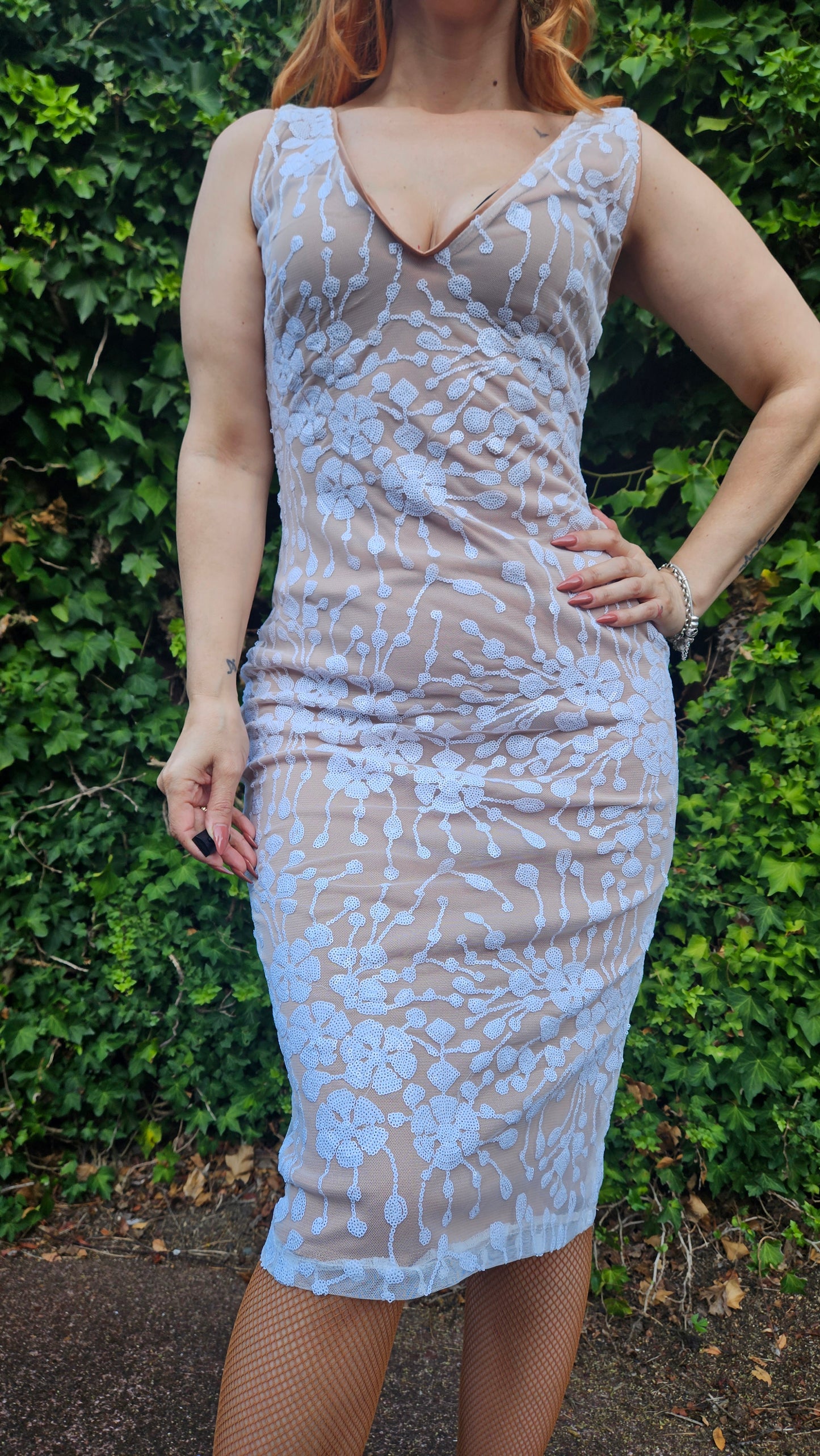 Fall Dresses for Women Embroidered Mesh Overlay Tank Dress Dresses for Women (Color : White & Nude)