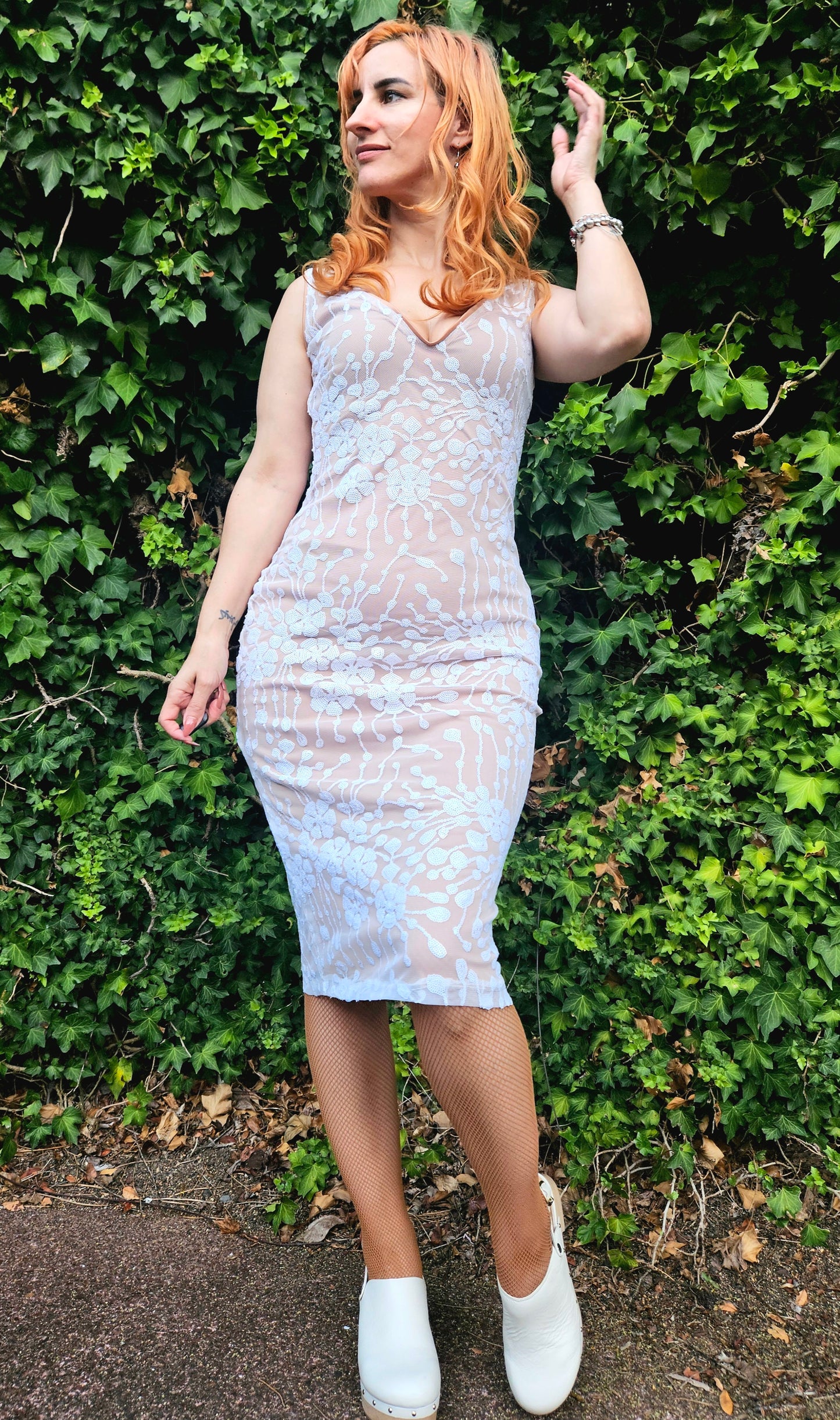 Fall Dresses for Women Embroidered Mesh Overlay Tank Dress Dresses for Women (Color : White & Nude)