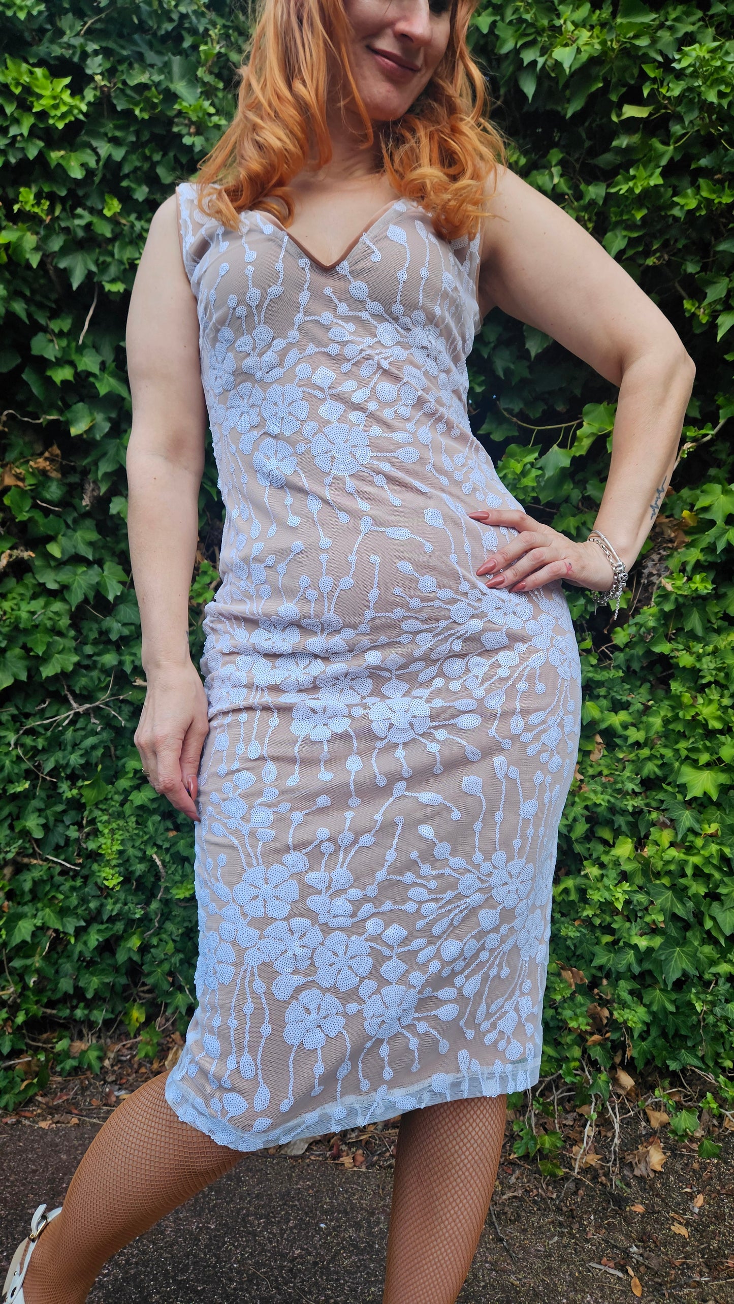 Fall Dresses for Women Embroidered Mesh Overlay Tank Dress Dresses for Women (Color : White & Nude)