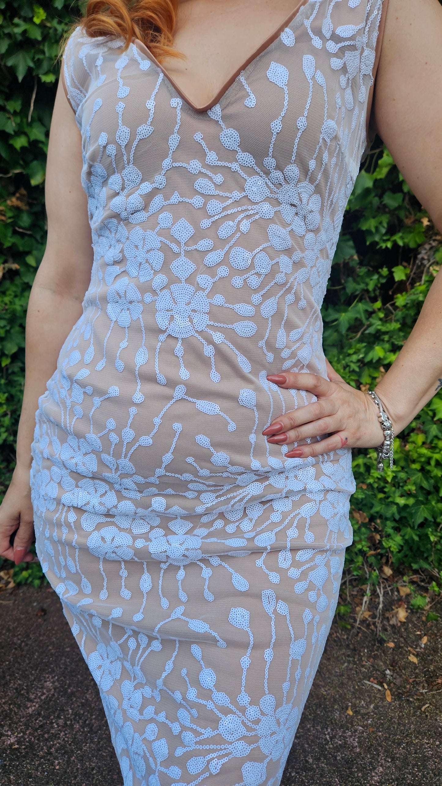 Fall Dresses for Women Embroidered Mesh Overlay Tank Dress Dresses for Women (Color : White & Nude)