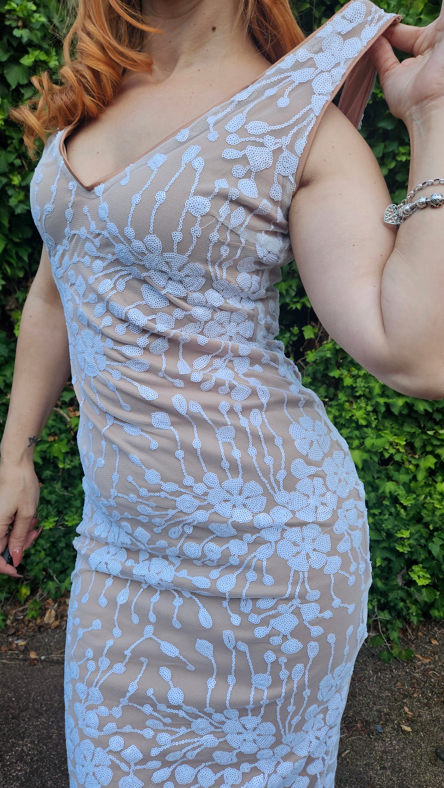 Fall Dresses for Women Embroidered Mesh Overlay Tank Dress Dresses for Women (Color : White & Nude)
