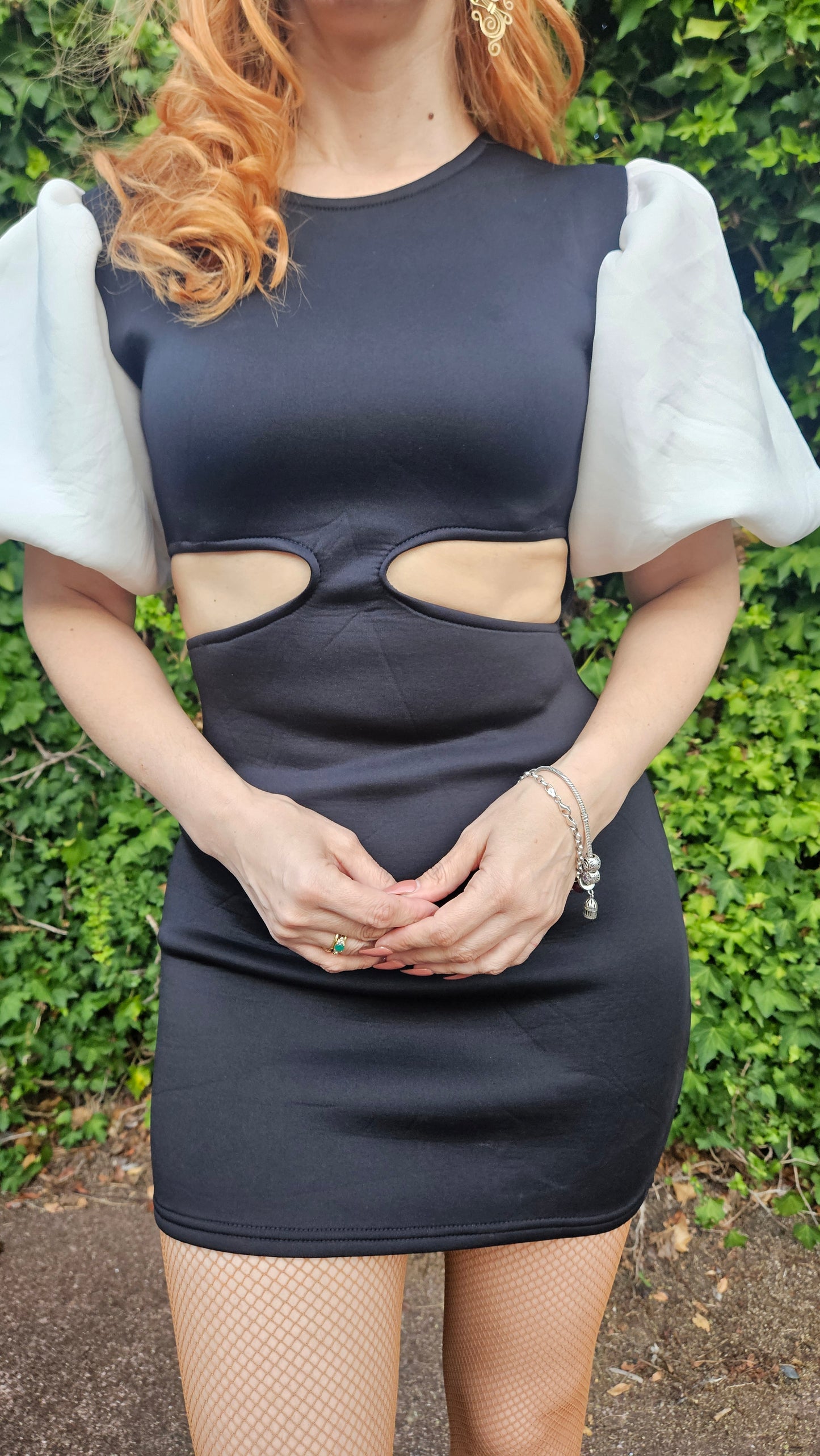 BONDED SCUBA CUT OUT PUFF SLEEVE MINI DRESS