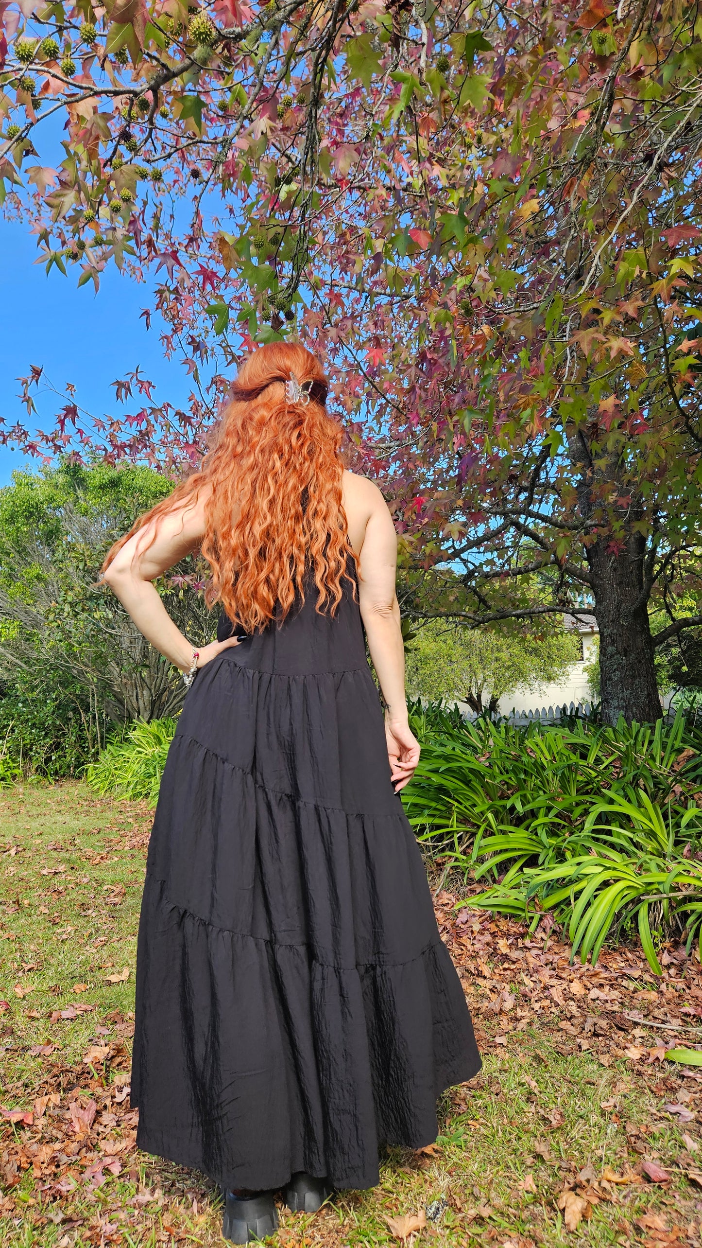 Black Sleeveless High Neck Tiered Maxi Dress Bohemian Style. Size Large