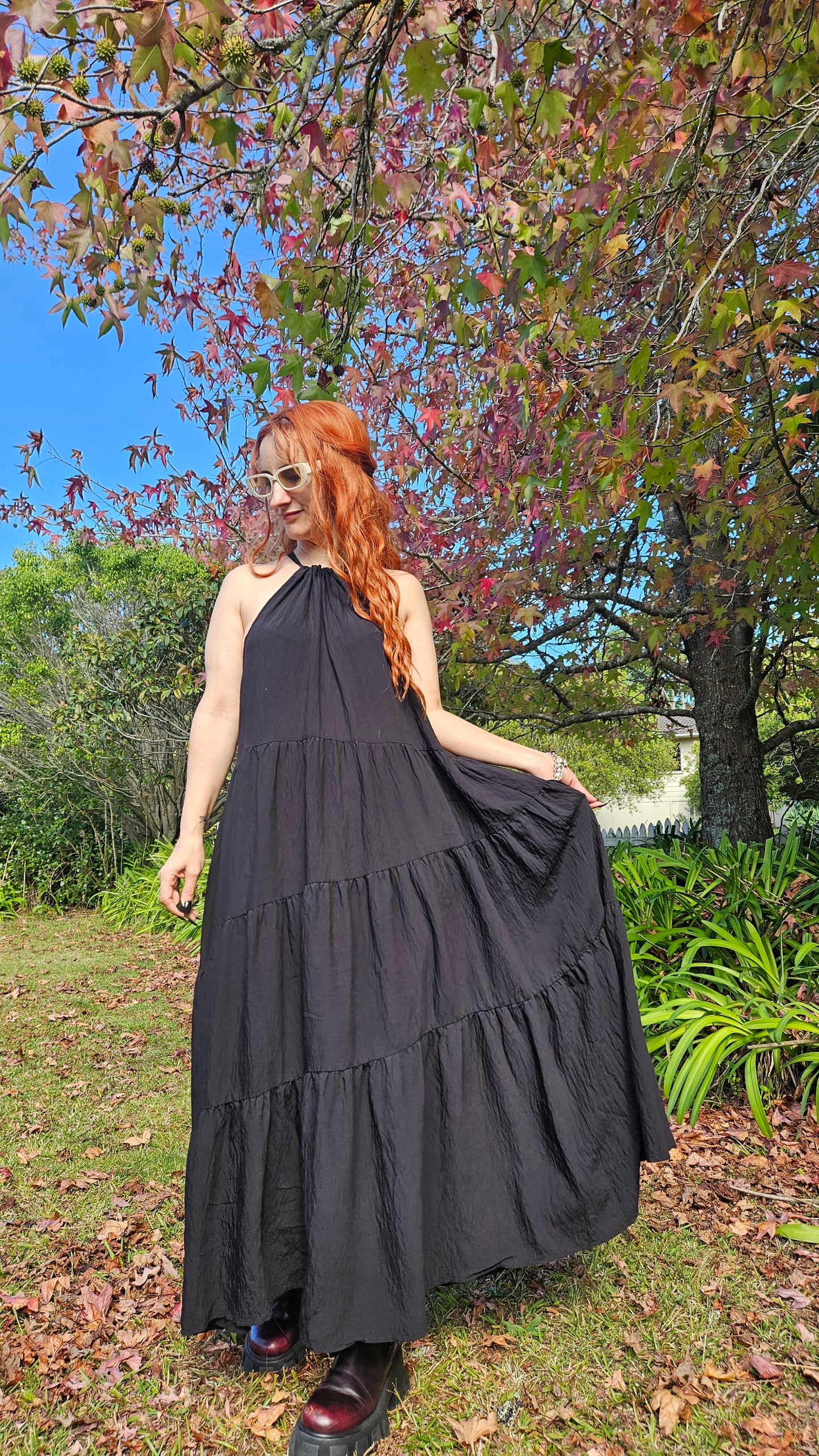Black Sleeveless High Neck Tiered Maxi Dress Bohemian Style. Size Large