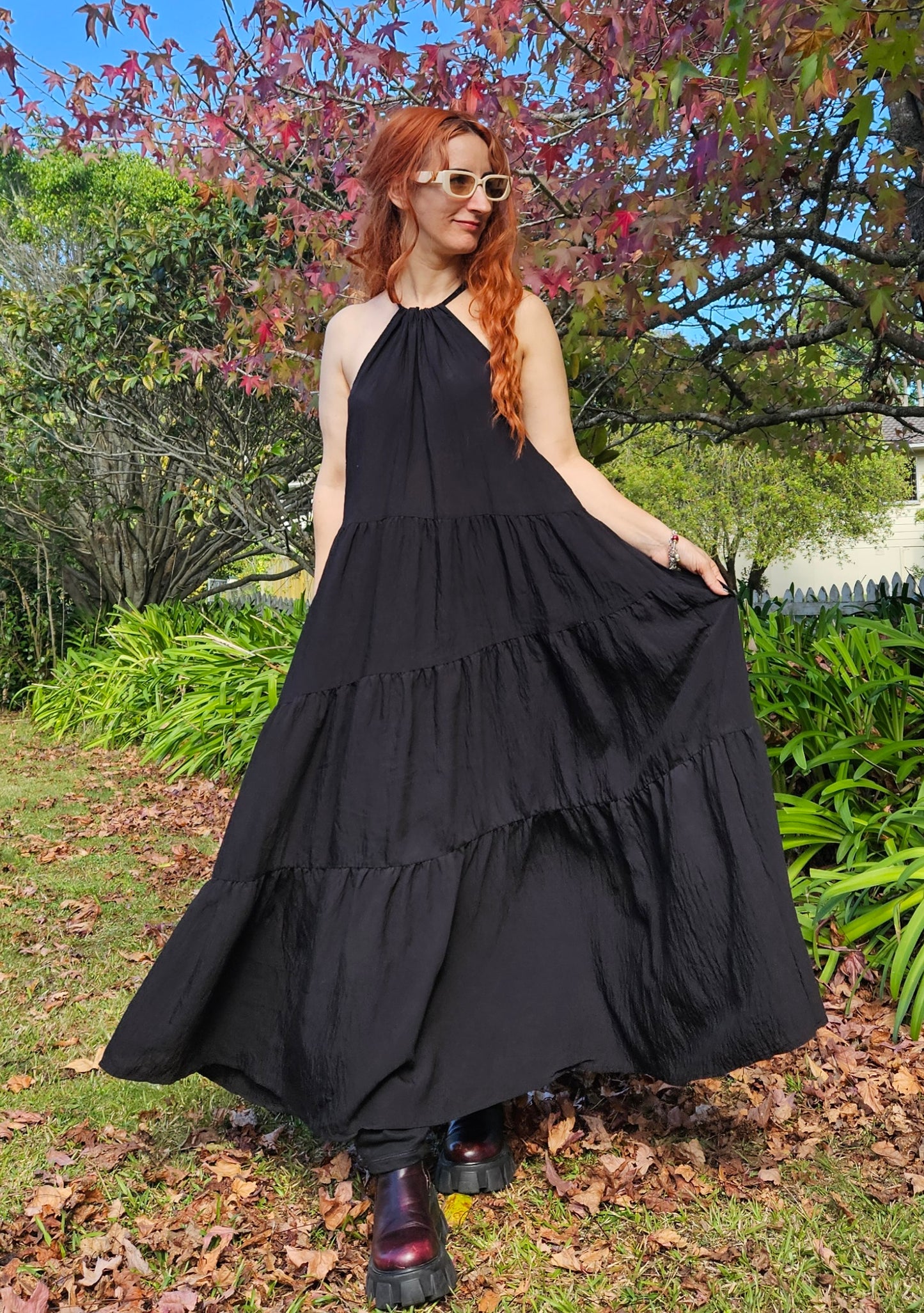 Black Sleeveless High Neck Tiered Maxi Dress Bohemian Style. Size Large