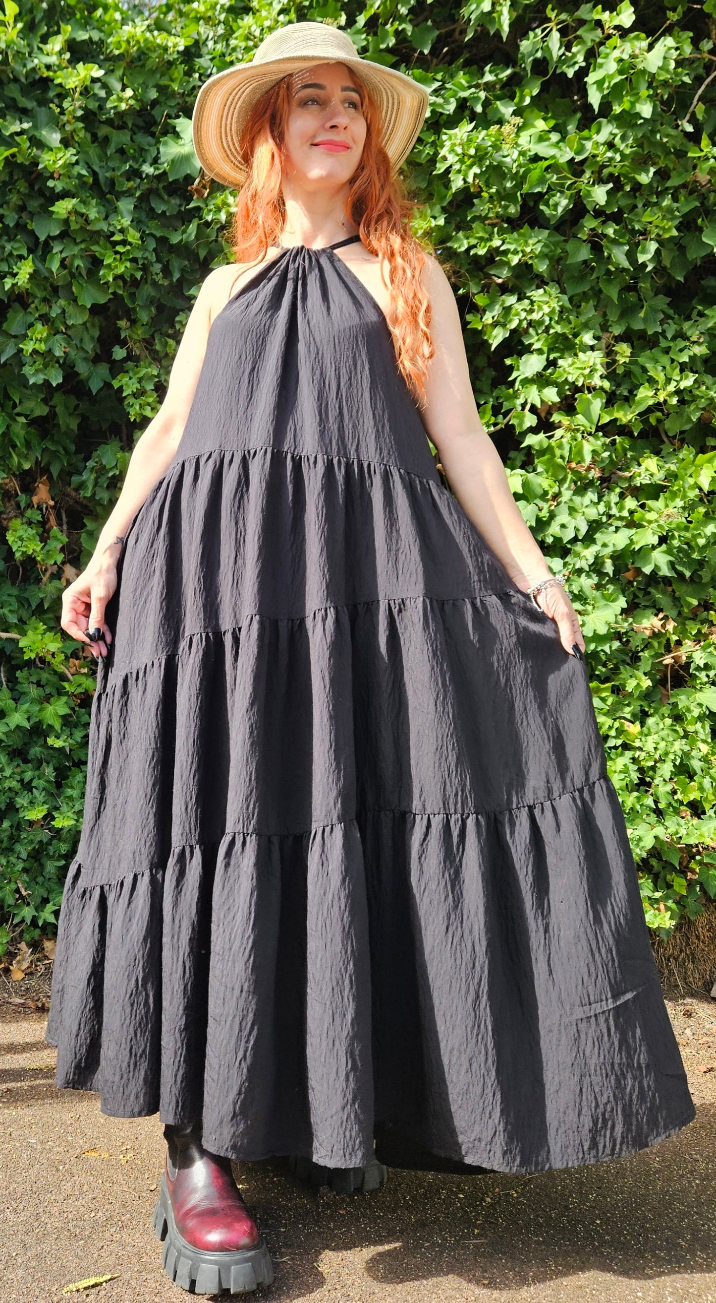 Black Sleeveless High Neck Tiered Maxi Dress Bohemian Style. Size Large