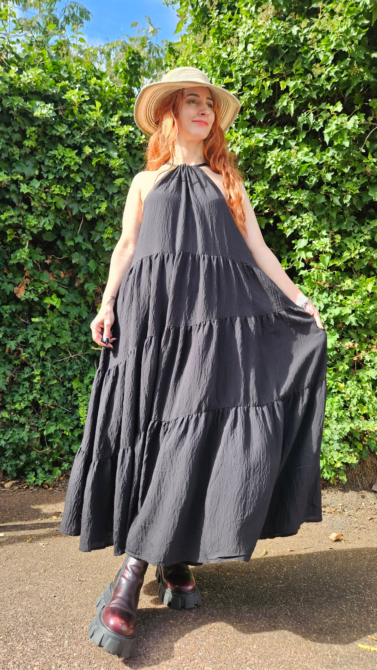 Black Sleeveless High Neck Tiered Maxi Dress Bohemian Style. Size Large