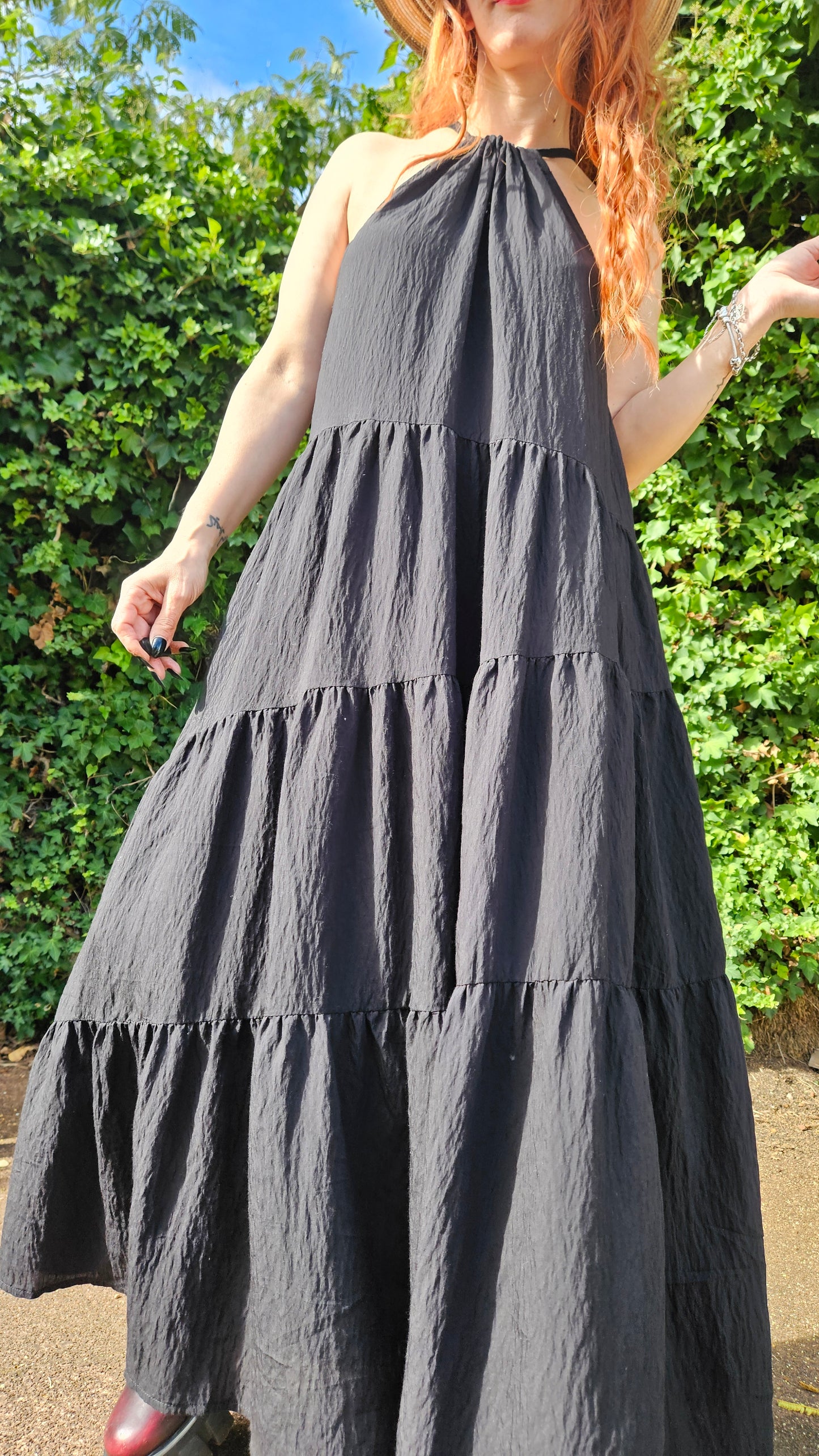 Black Sleeveless High Neck Tiered Maxi Dress Bohemian Style. Size Large