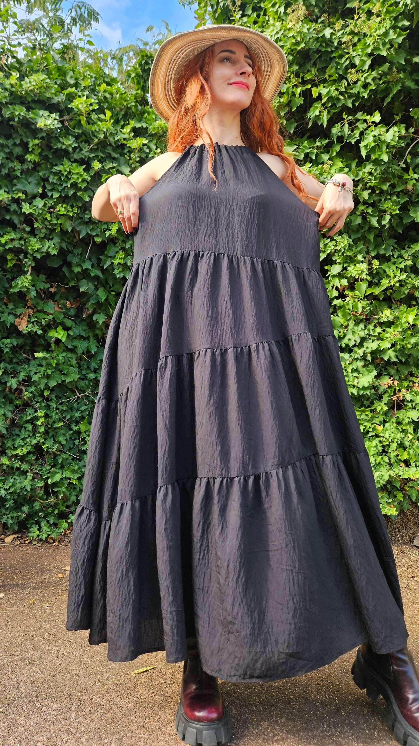 Black Sleeveless High Neck Tiered Maxi Dress Bohemian Style. Size Large