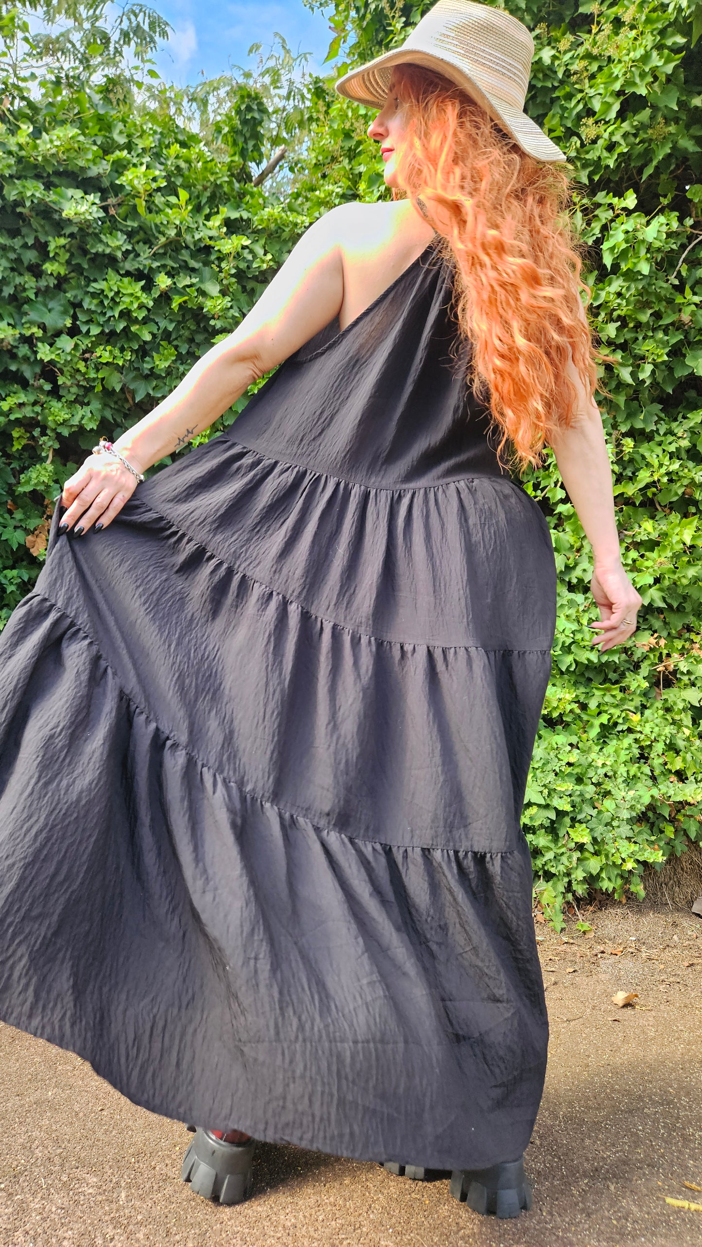 Black Sleeveless High Neck Tiered Maxi Dress Bohemian Style. Size Large