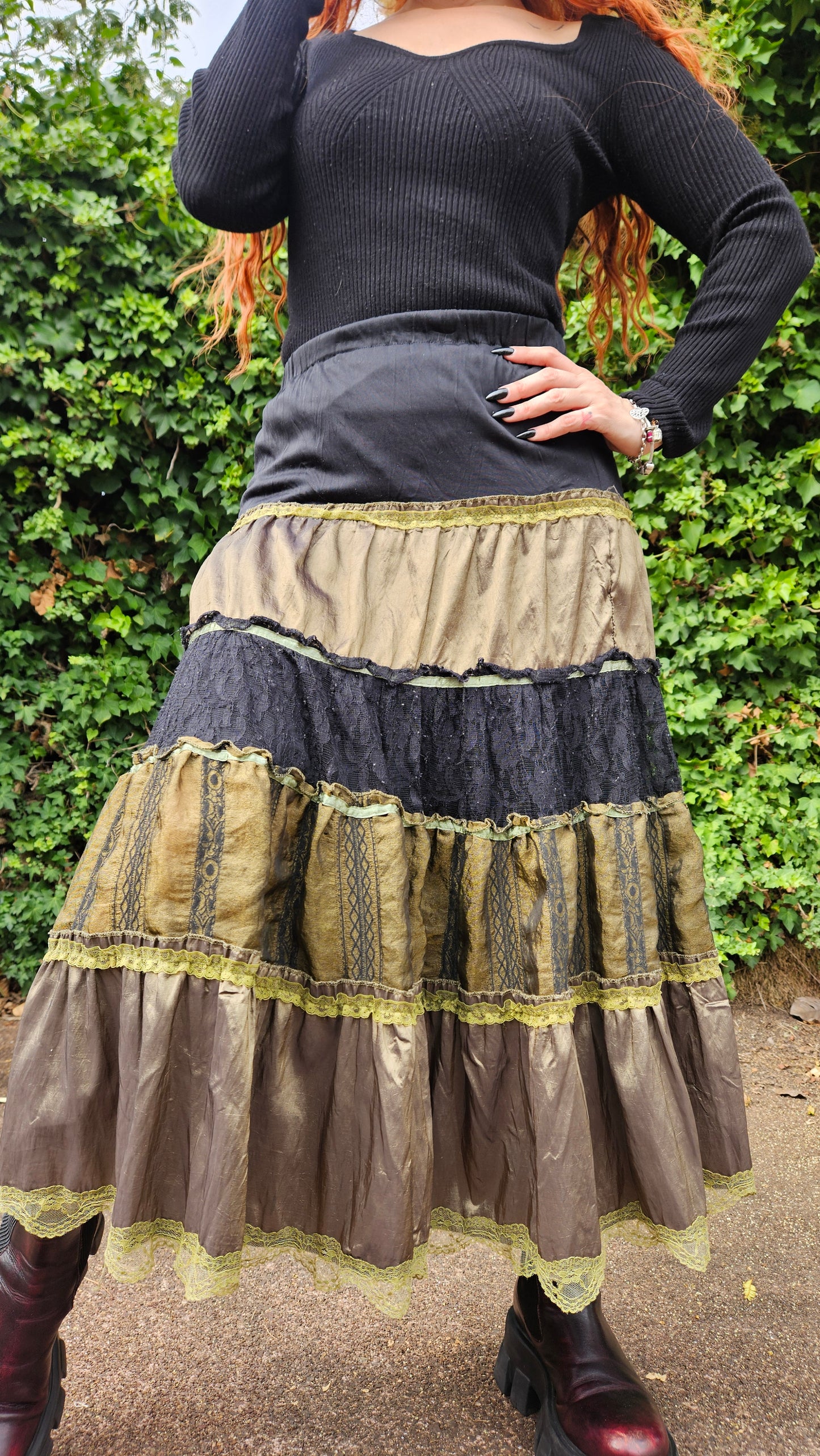 Skirt Patchwork Crush Velvet Satin Boho Gypsy Festival Hippie style skirt - Bohemian green skirt