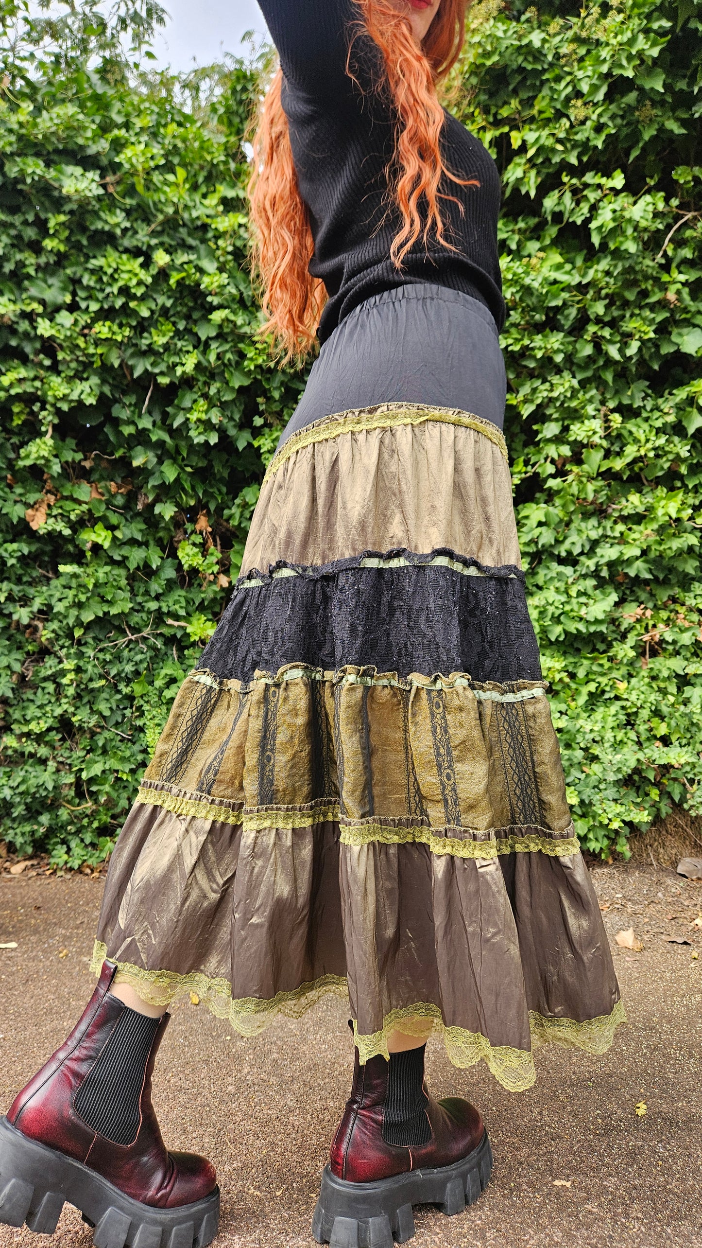 Skirt Patchwork Crush Velvet Satin Boho Gypsy Festival Hippie style skirt - Bohemian green skirt