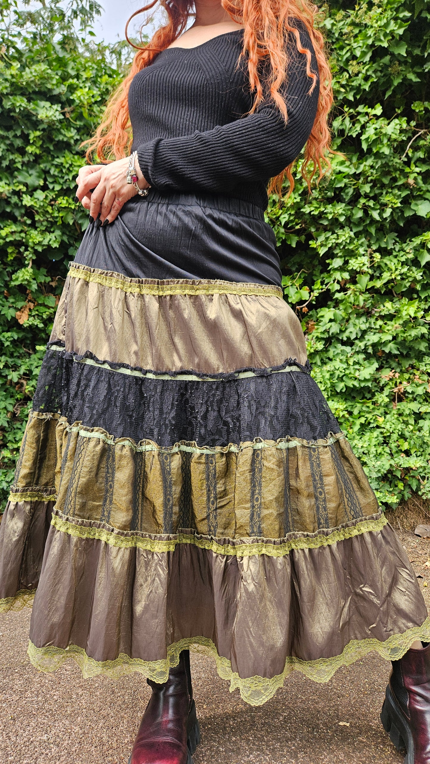 Skirt Patchwork Crush Velvet Satin Boho Gypsy Festival Hippie style skirt - Bohemian green skirt