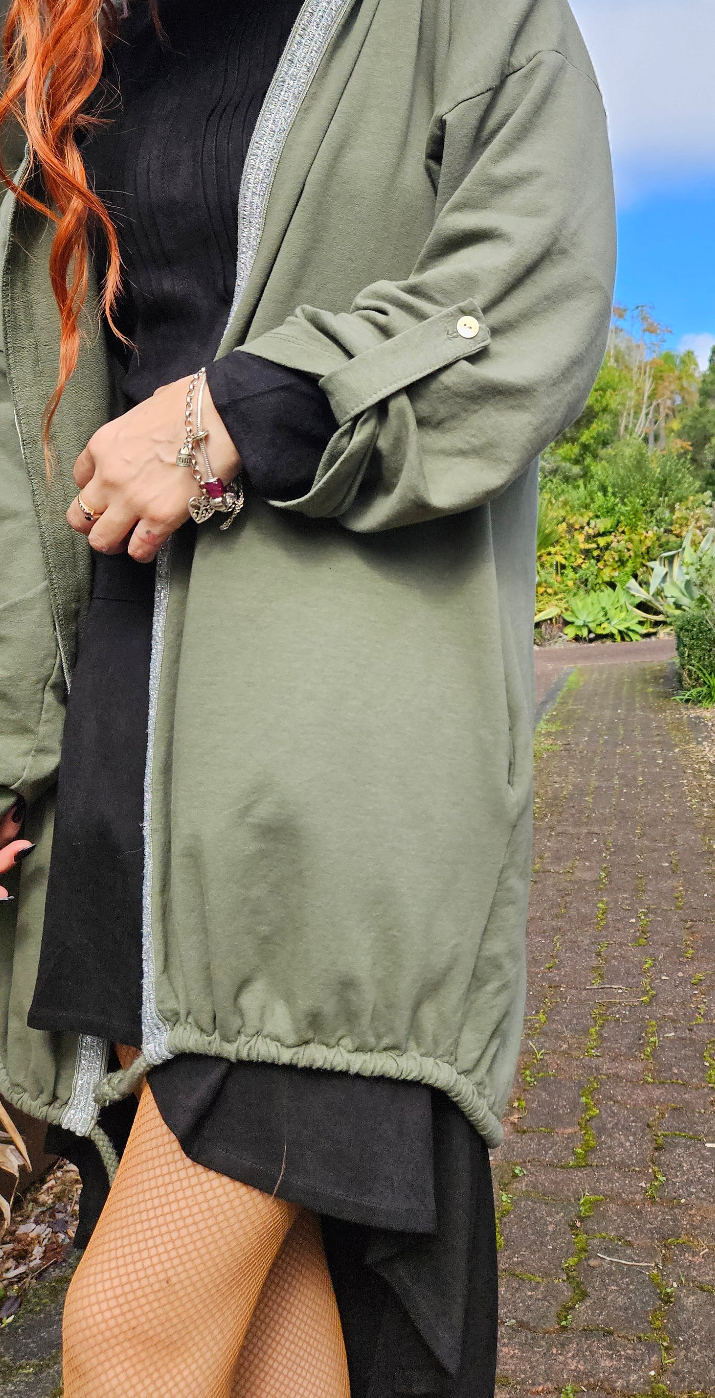 Made in Italy Khaki Green Angel sequin Wings Hoodie Cardigan Cotton One Size