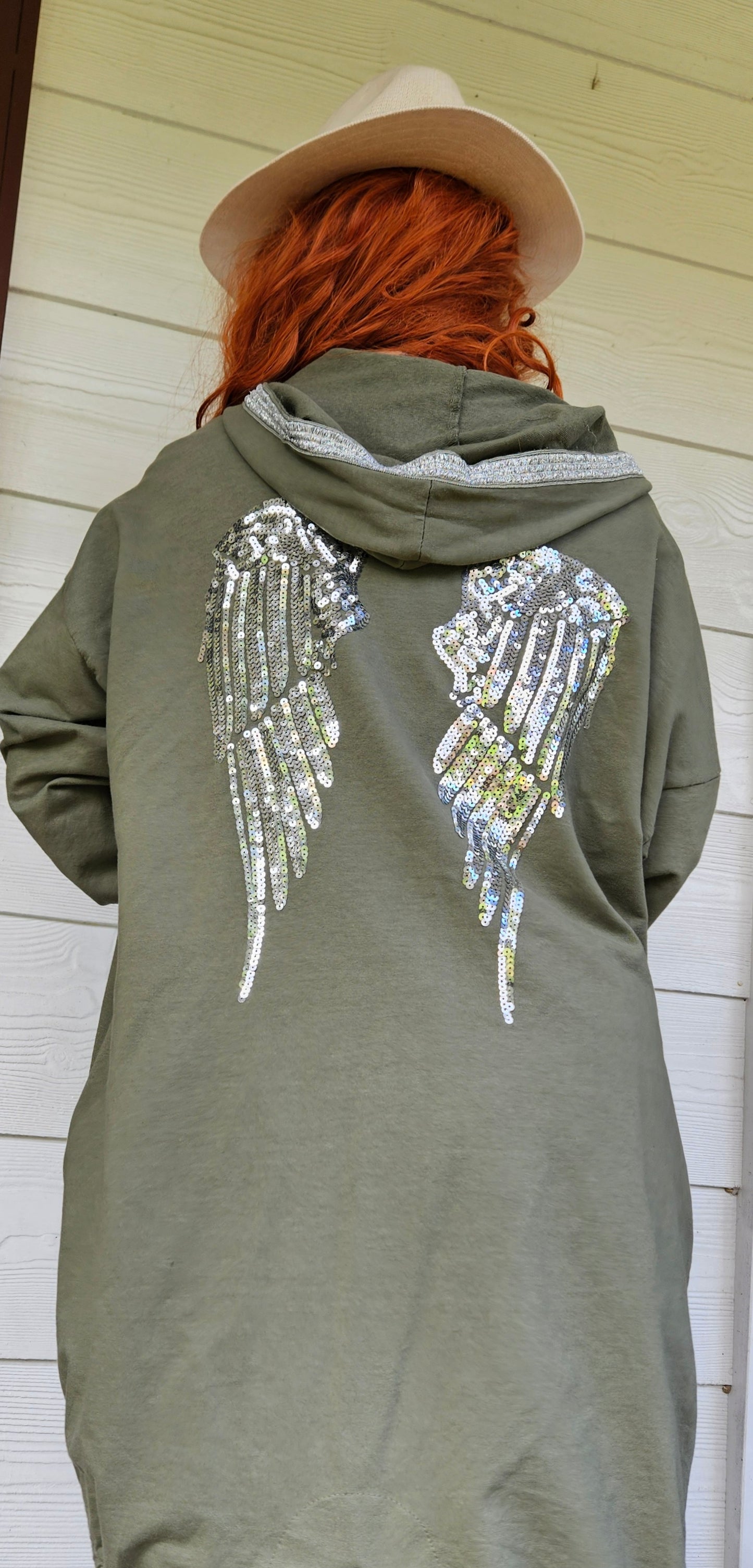 Made in Italy Khaki Green Angel sequin Wings Hoodie Cardigan Cotton One Size