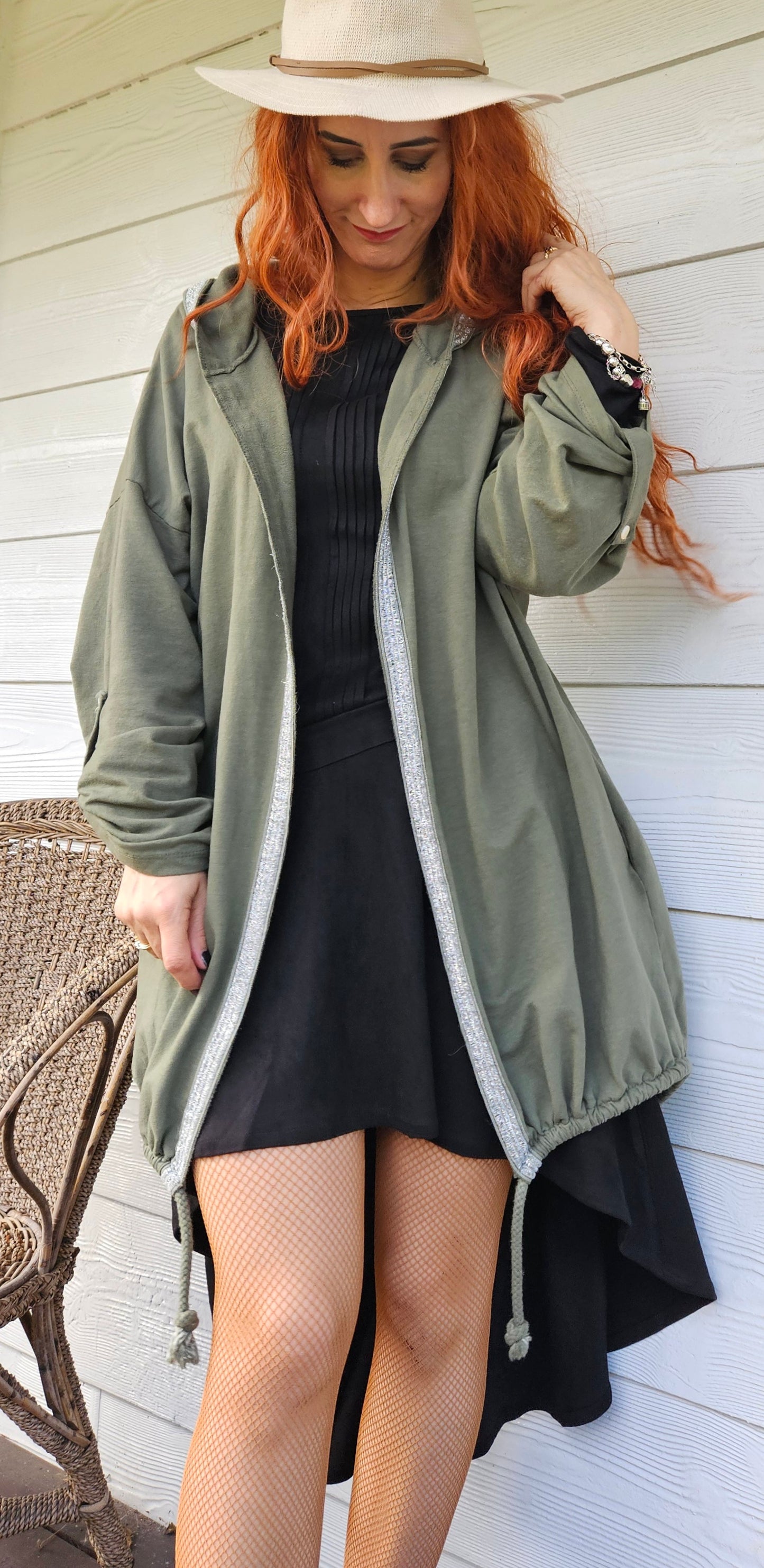 Made in Italy Khaki Green Angel sequin Wings Hoodie Cardigan Cotton One Size