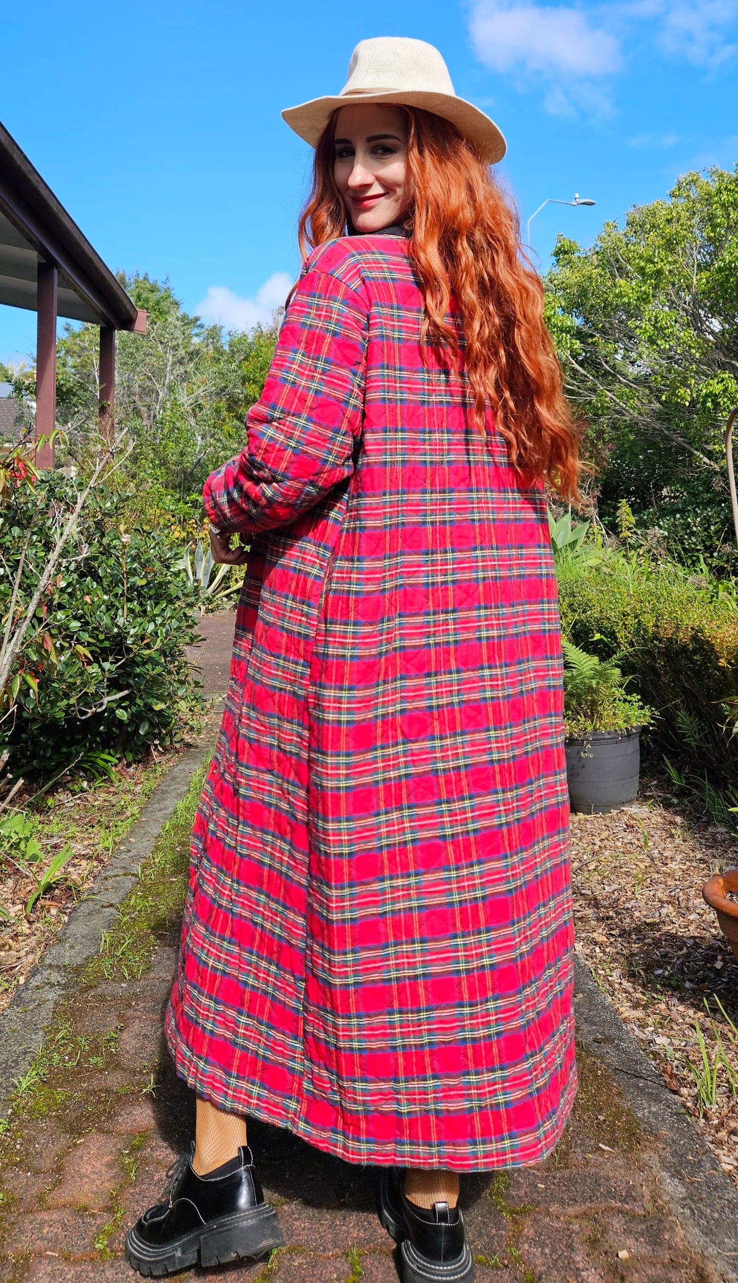 Vintage 70s Orvis Robe Red Tartan Plaid Pockets Coat.