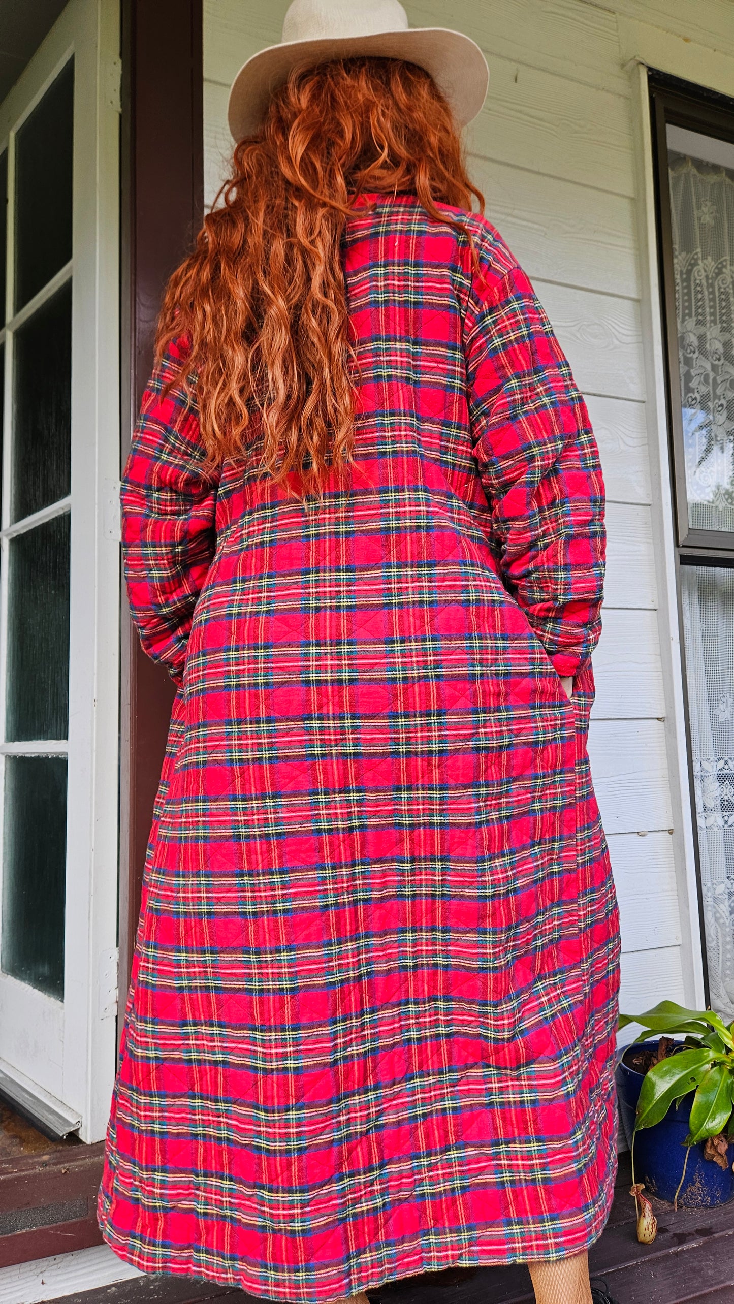 Vintage 70s Orvis Robe Red Tartan Plaid Pockets Coat.