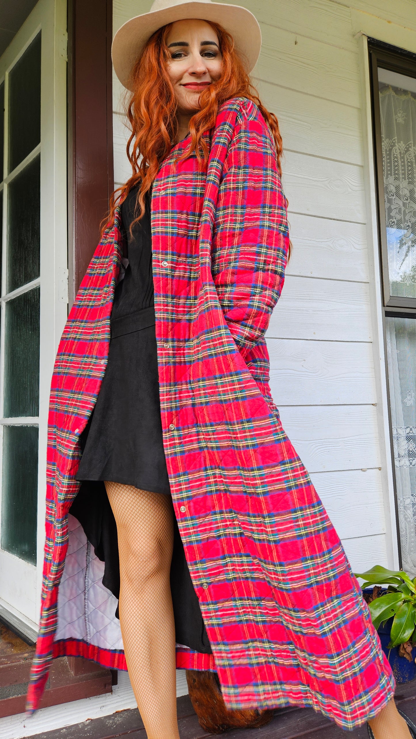 Vintage 70s Orvis Robe Red Tartan Plaid Pockets Coat.