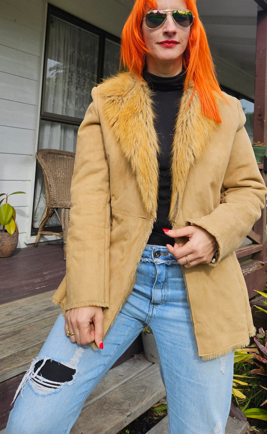 Fluffy tan Coat - Preloved Faux Fur Retro Style - Size 12. Fur Coat