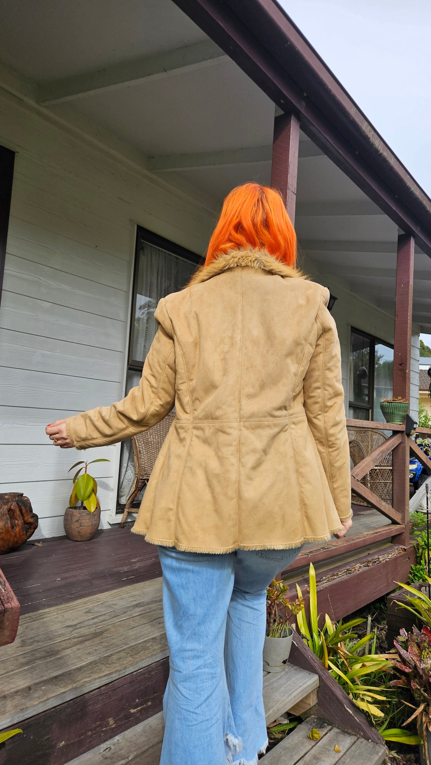 Fluffy tan Coat - Preloved Faux Fur Retro Style - Size 12. Fur Coat