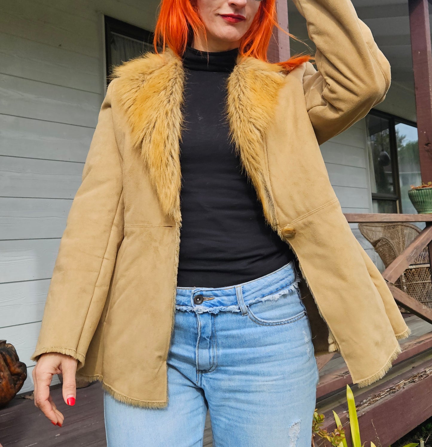 Fluffy tan Coat - Preloved Faux Fur Retro Style - Size 12. Fur Coat