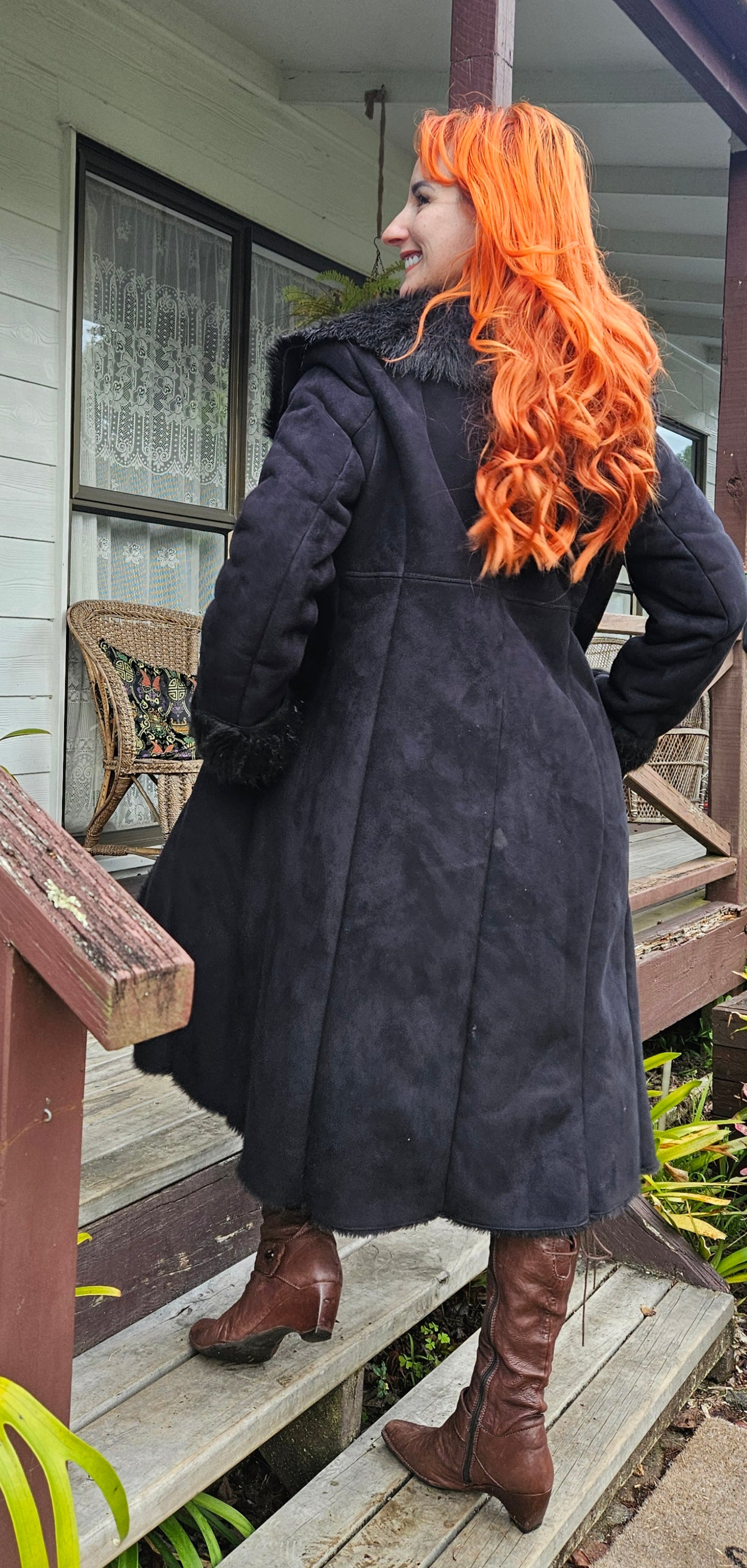 Grace Hill Long Coat - Preloved Black Faux Fur Retro Style - Size 12. long Black Coat Shearling long Coat