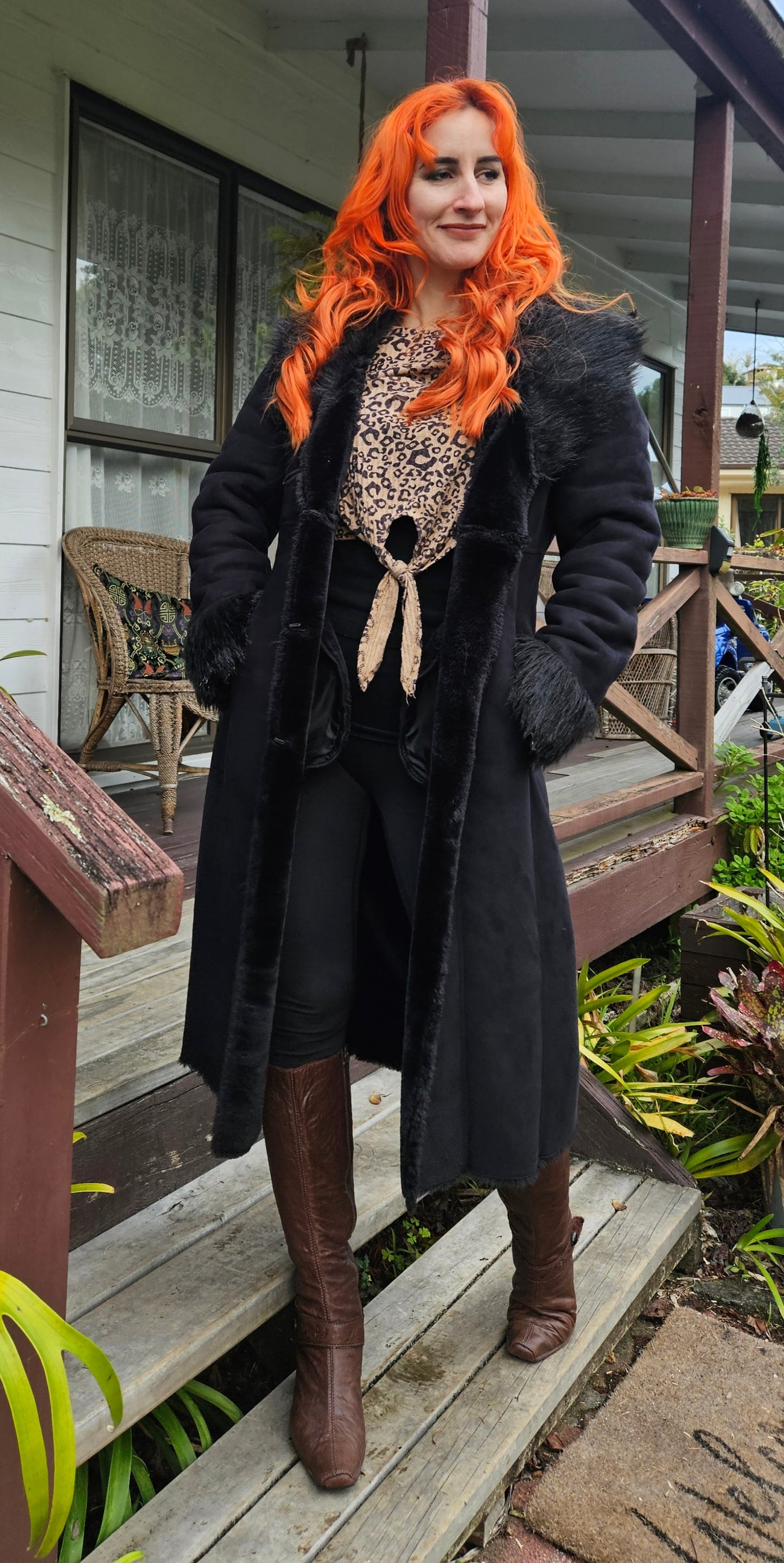 Grace Hill Long Coat - Preloved Black Faux Fur Retro Style - Size 12. long Black Coat Shearling long Coat