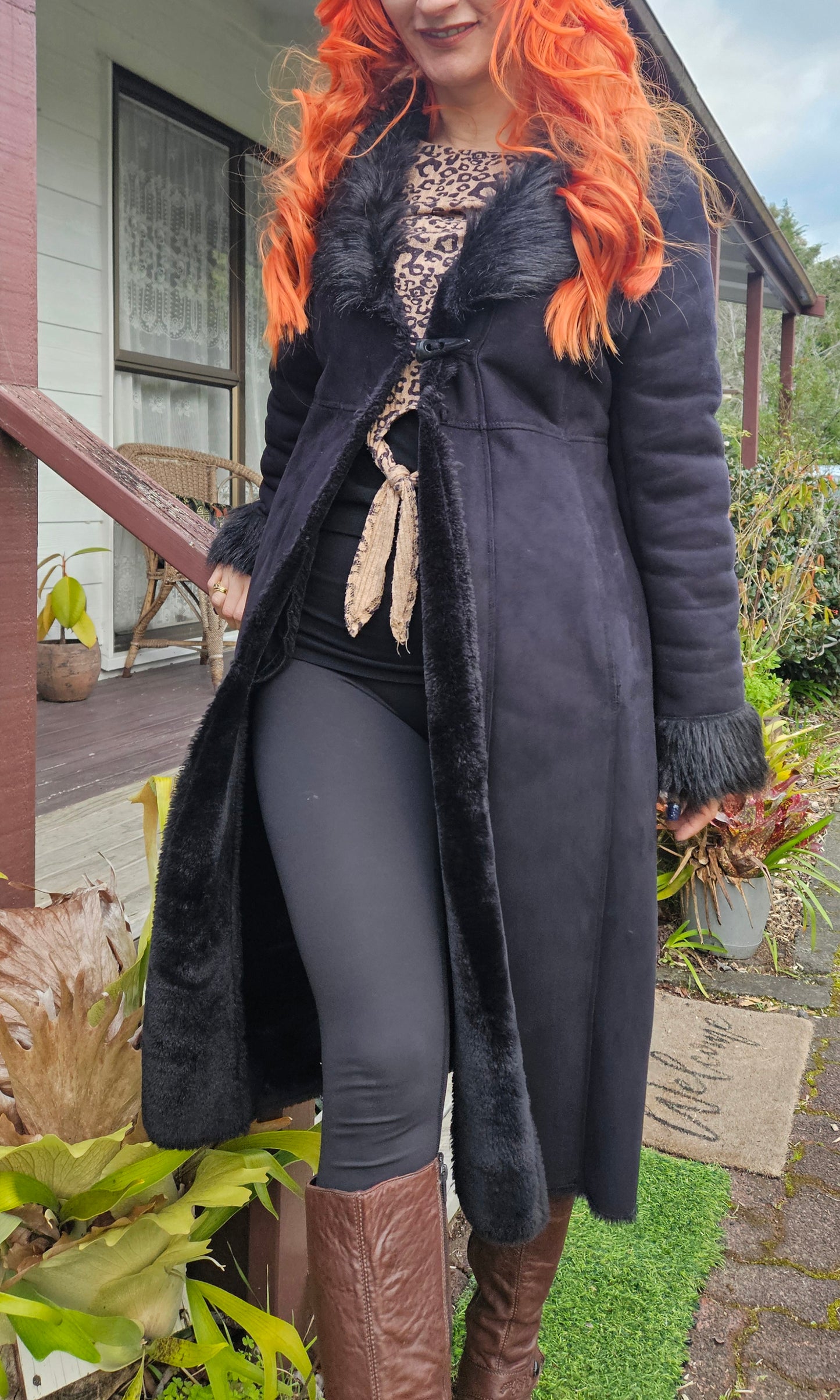 Grace Hill Long Coat - Preloved Black Faux Fur Retro Style - Size 12. long Black Coat Shearling long Coat