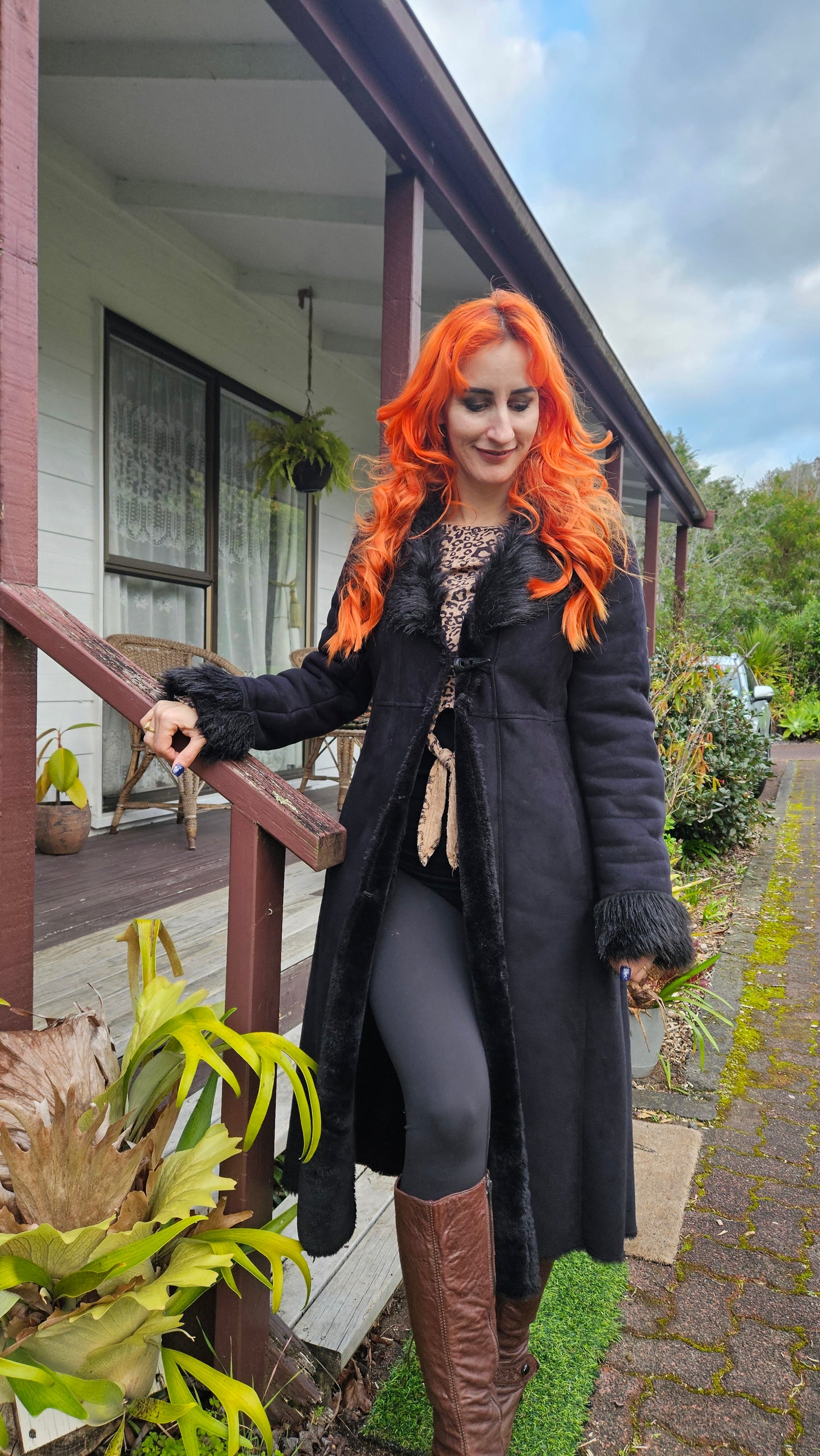 Grace Hill Long Coat - Preloved Black Faux Fur Retro Style - Size 12. long Black Coat Shearling long Coat