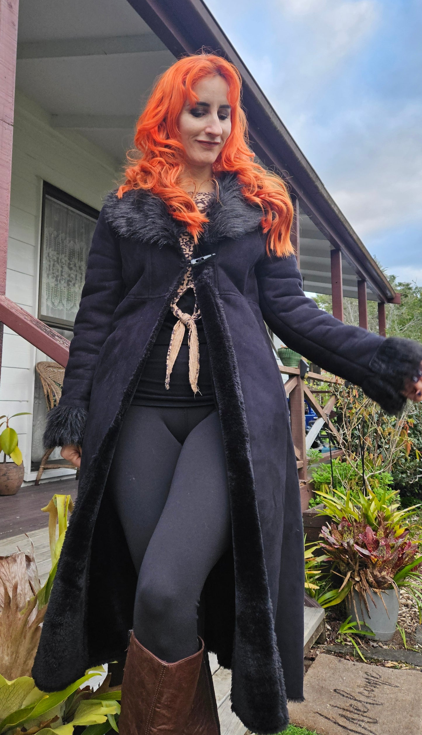 Grace Hill Long Coat - Preloved Black Faux Fur Retro Style - Size 12. long Black Coat Shearling long Coat