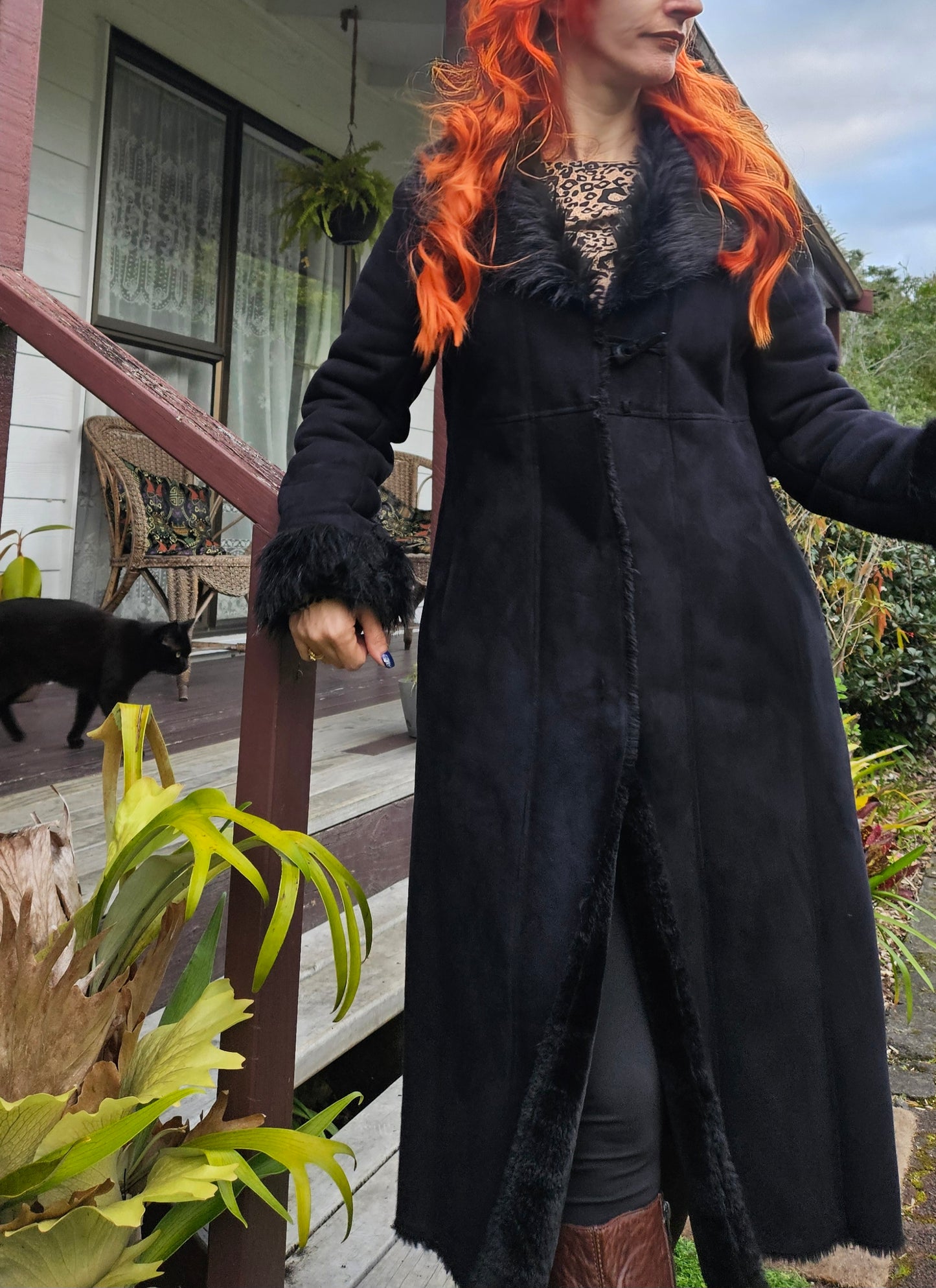 Grace Hill Long Coat - Preloved Black Faux Fur Retro Style - Size 12. long Black Coat Shearling long Coat