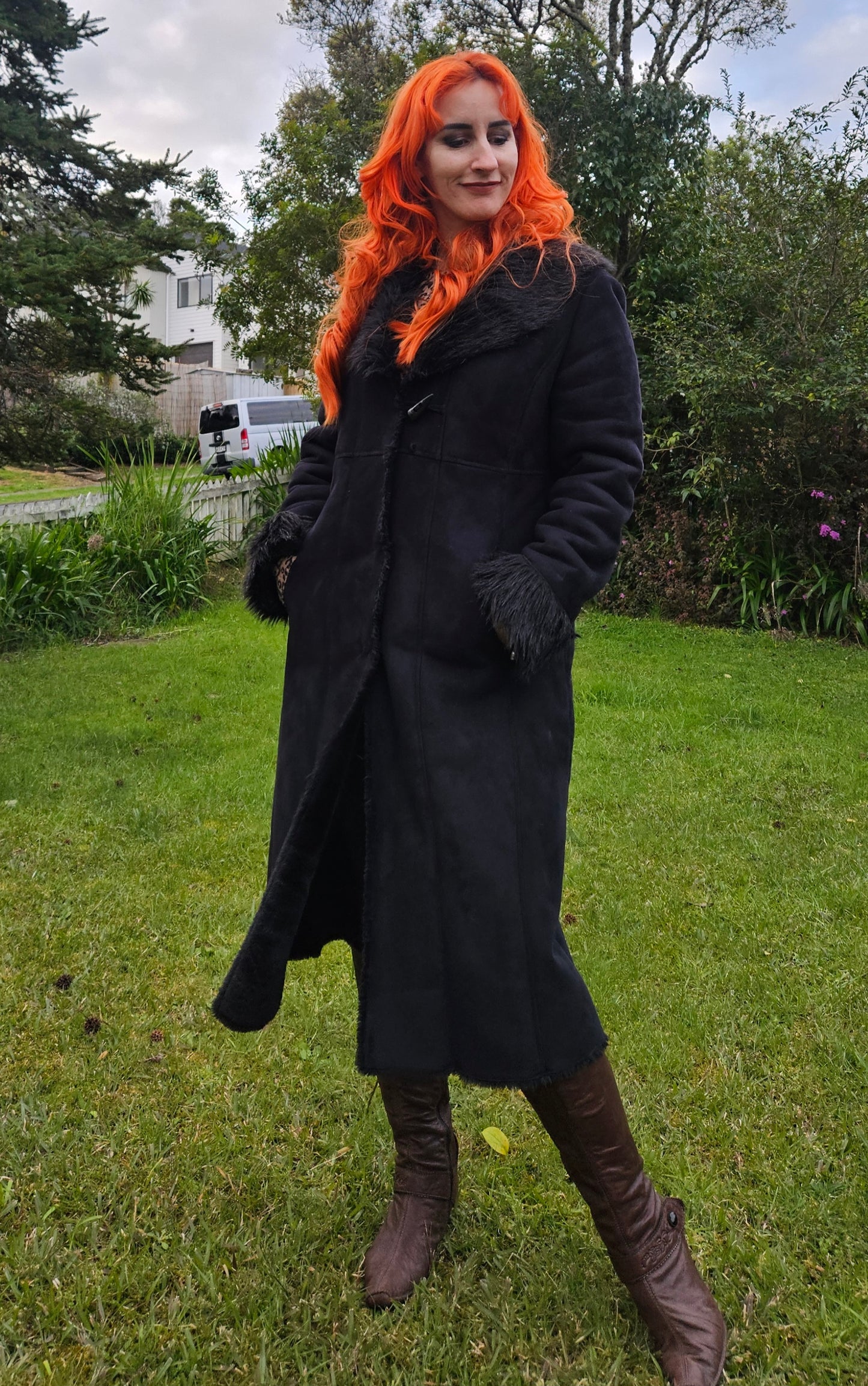 Grace Hill Long Coat - Preloved Black Faux Fur Retro Style - Size 12. long Black Coat Shearling long Coat