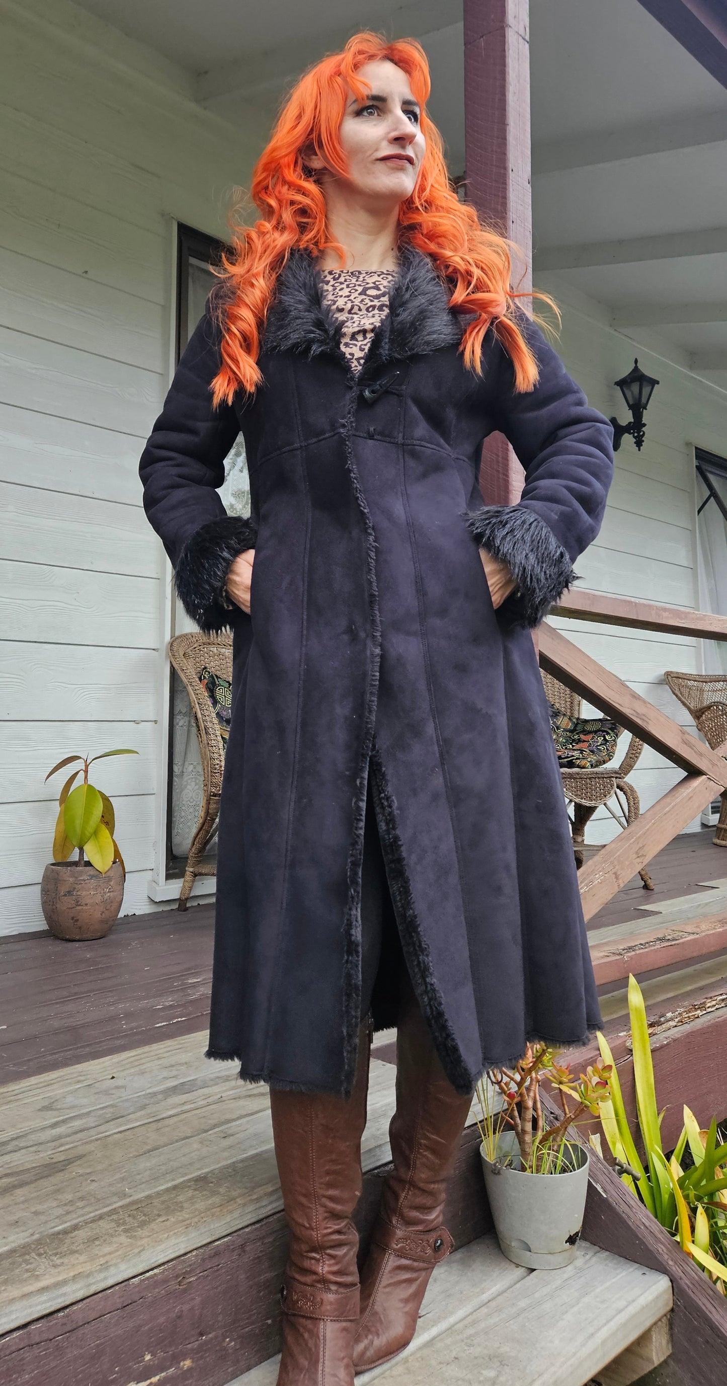 Grace Hill Long Coat - Preloved Black Faux Fur Retro Style - Size 12. long Black Coat Shearling long Coat