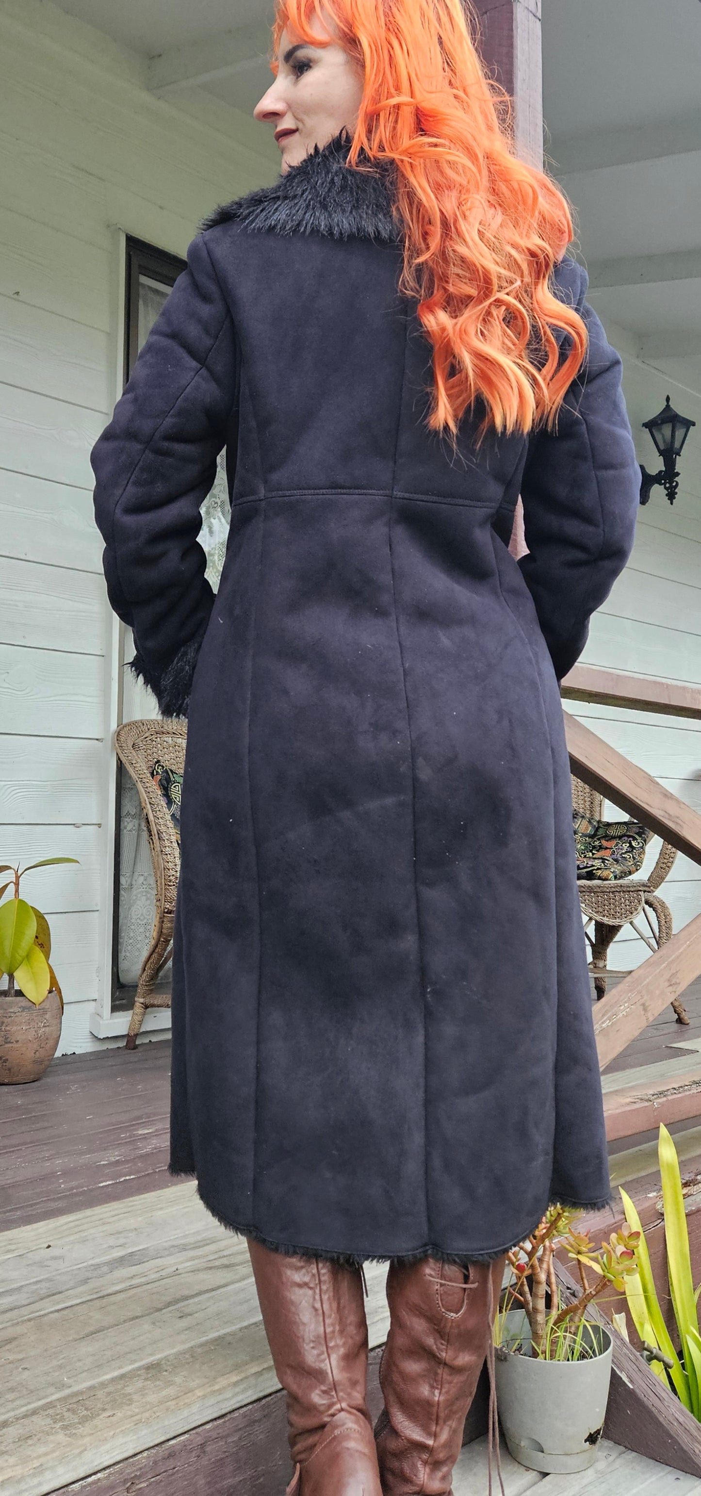 Grace Hill Long Coat - Preloved Black Faux Fur Retro Style - Size 12. long Black Coat Shearling long Coat