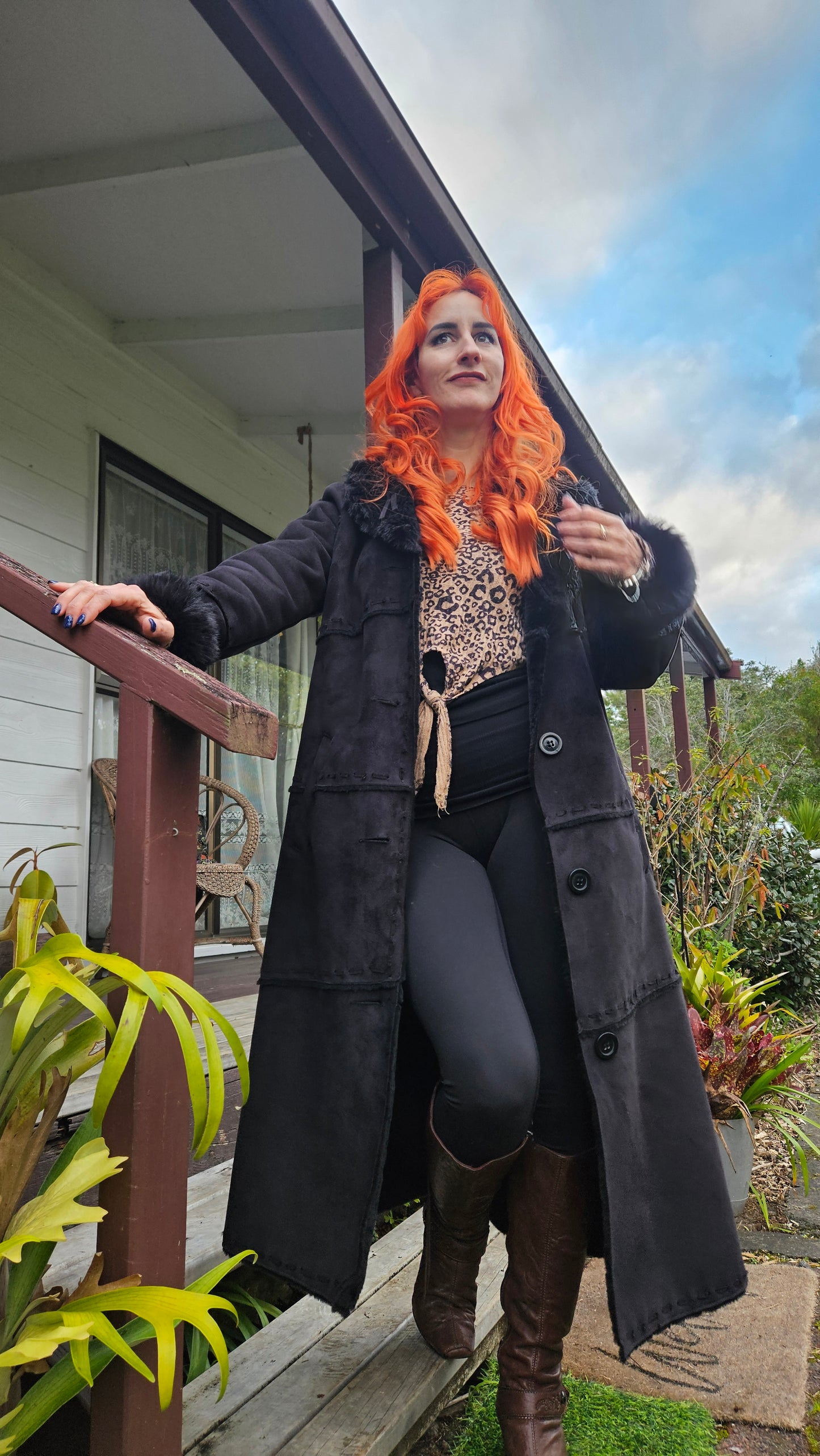 Long Coat Black Faux Fur Retro Style - Size 12