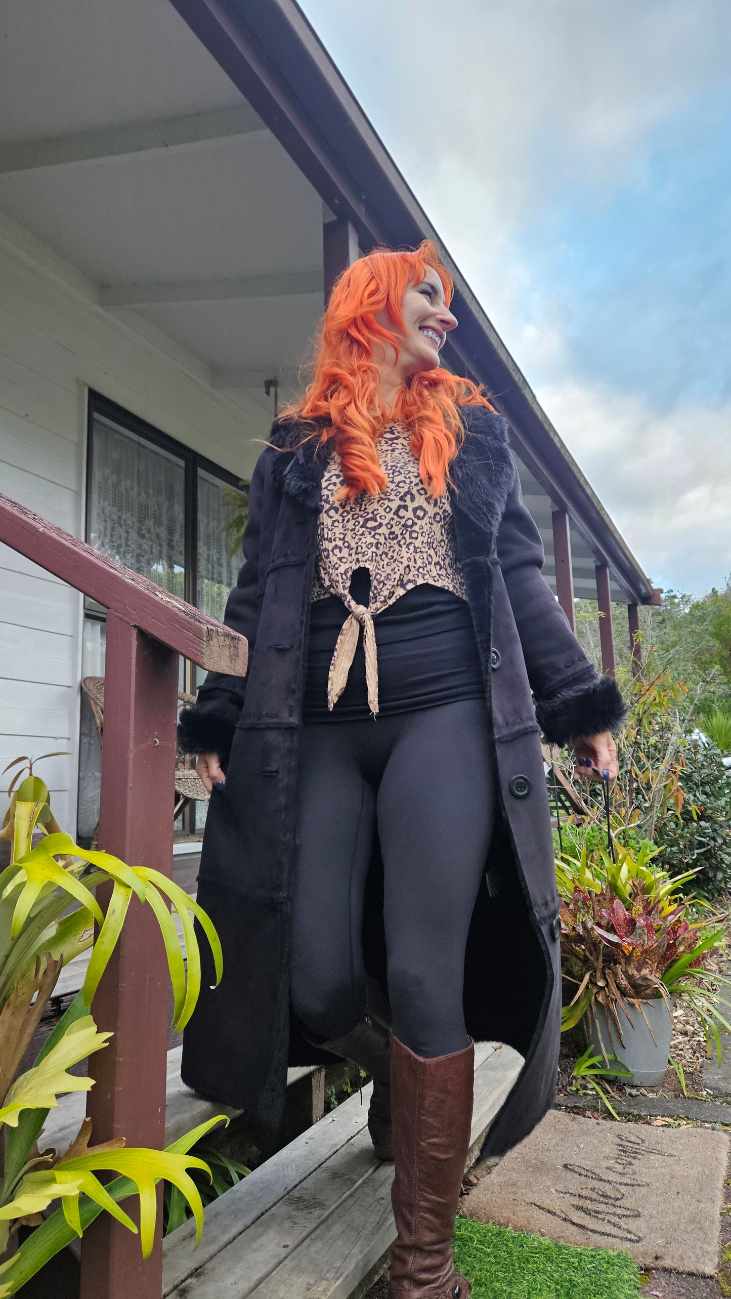Long Coat Black Faux Fur Retro Style - Size 12