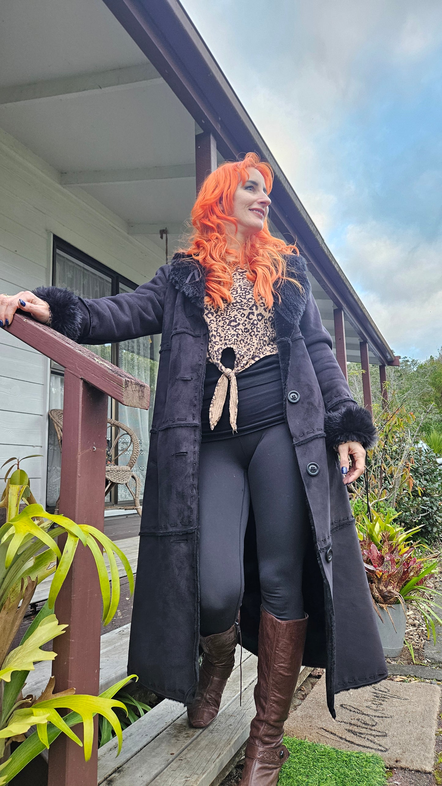 Long Coat Black Faux Fur Retro Style - Size 12