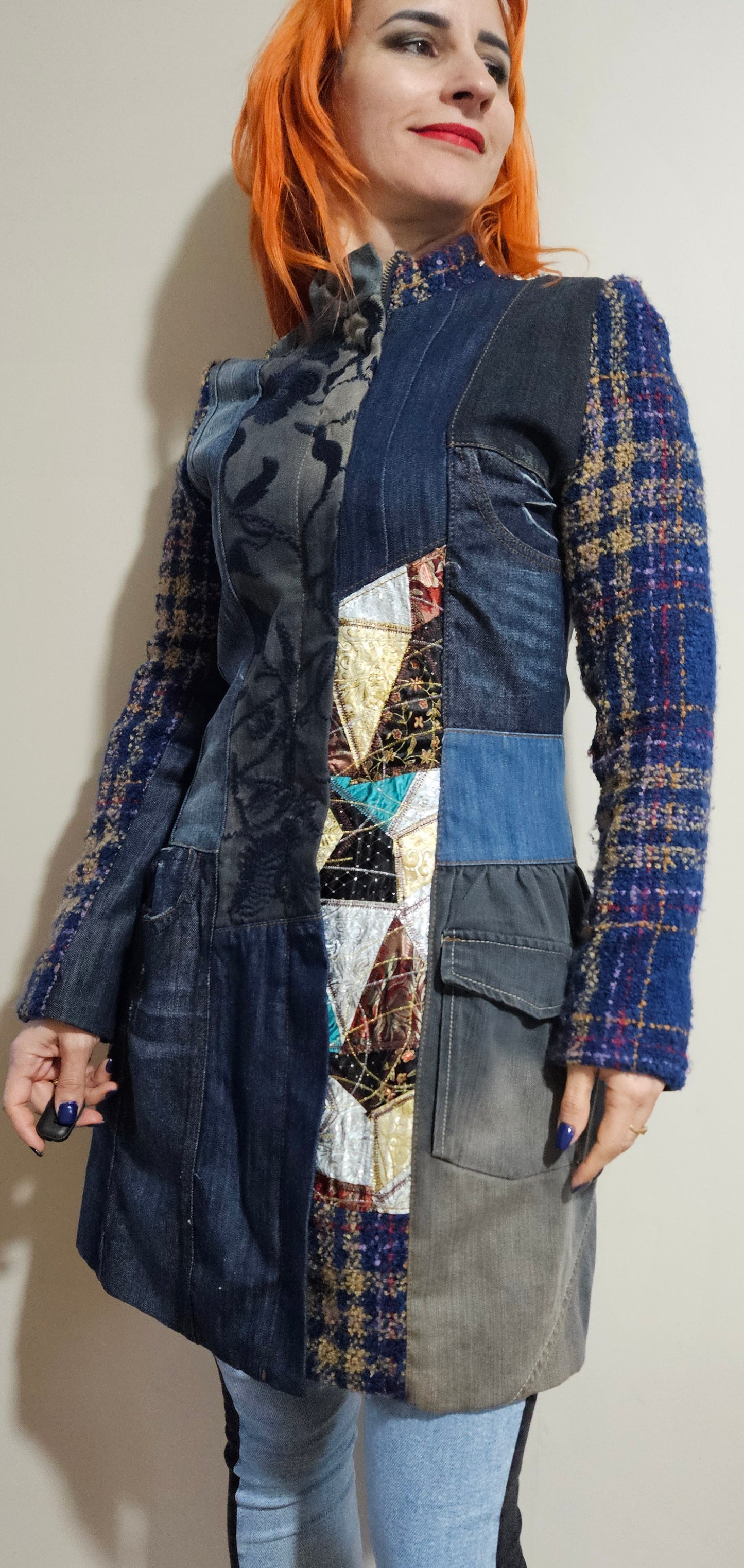 Mao collar coat Overlap pockets on the front and contrasting print jacket size 38 jacket - Size 10