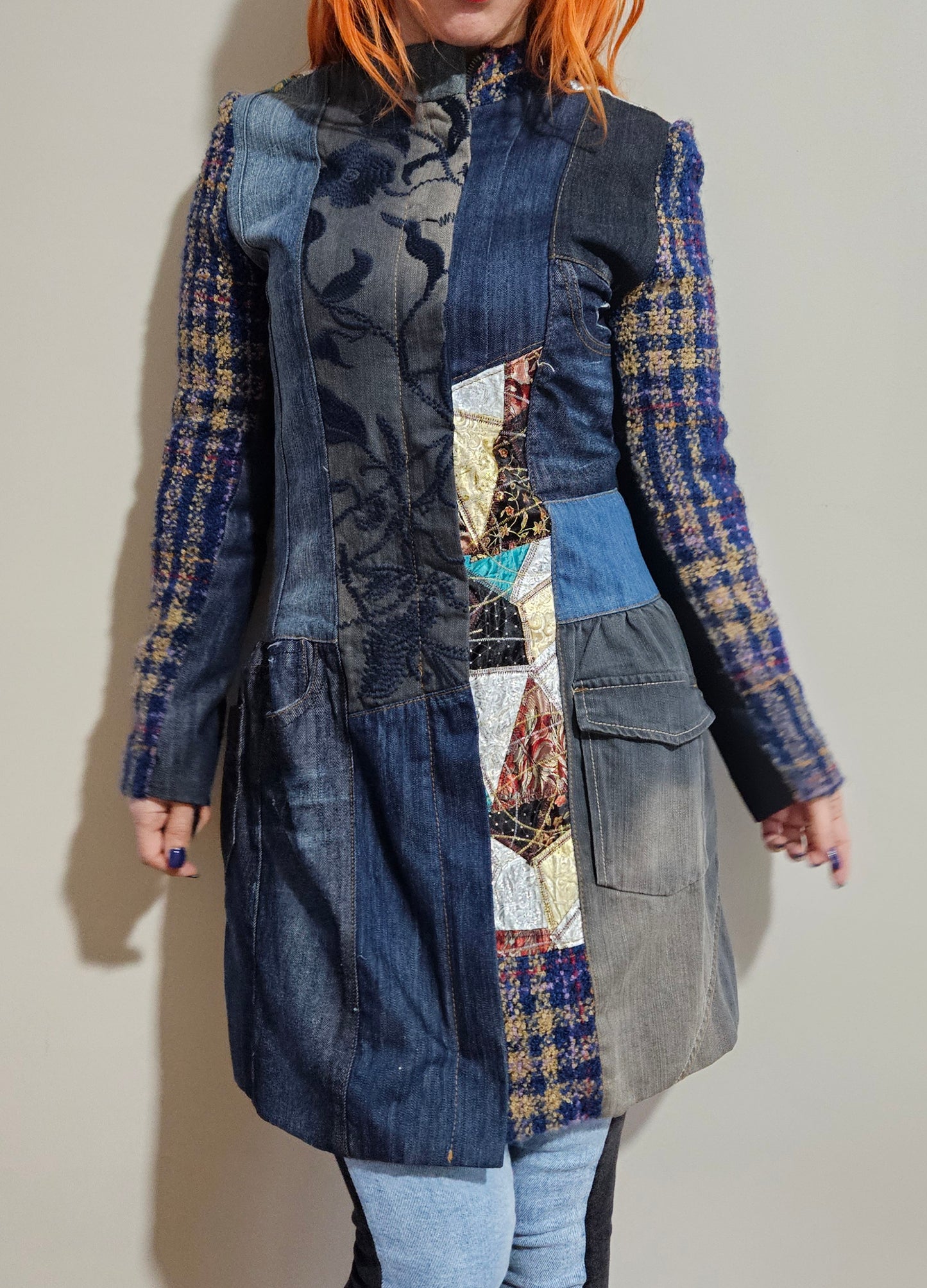 Mao collar coat Overlap pockets on the front and contrasting print jacket size 38 jacket - Size 10