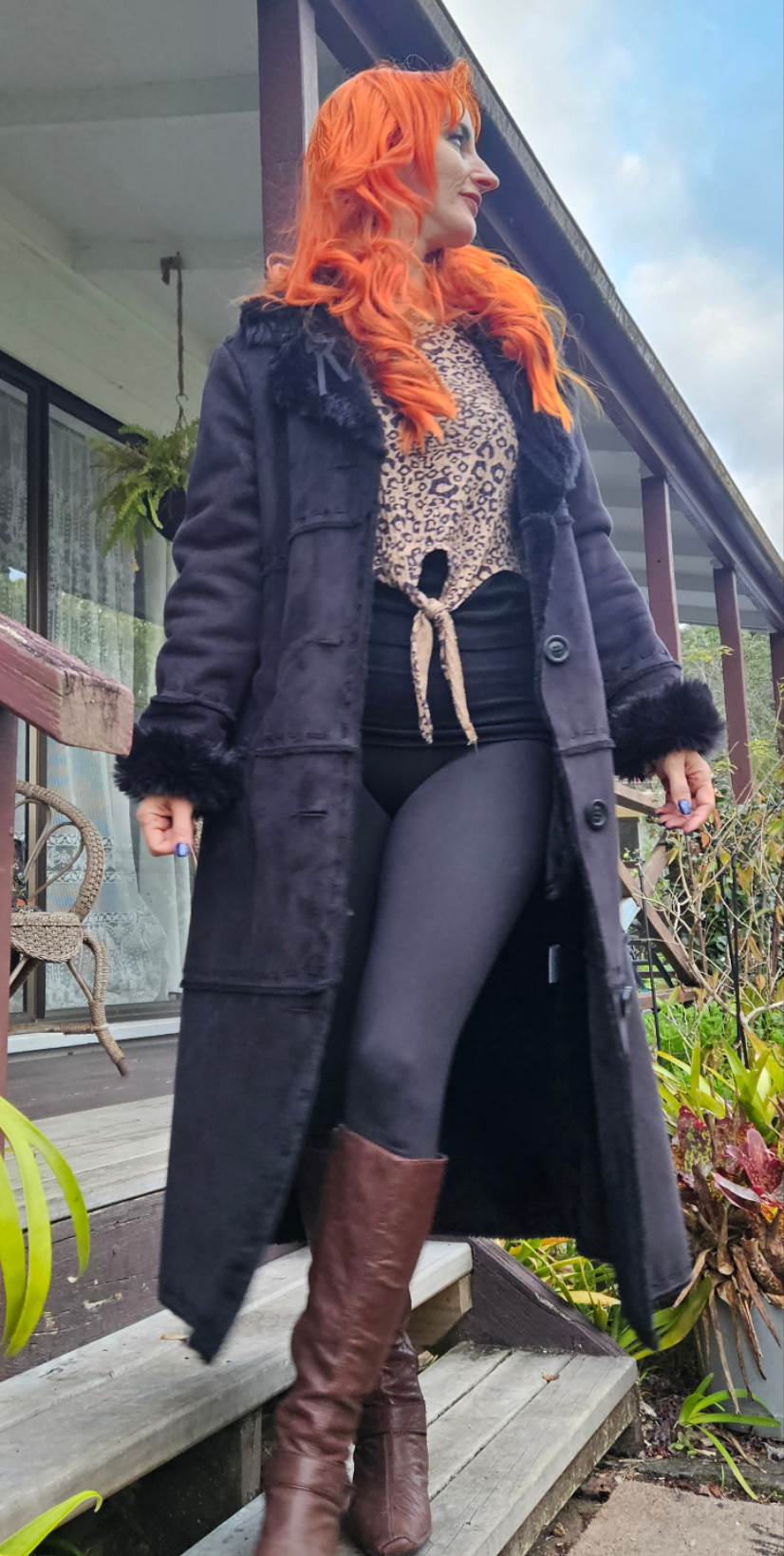 Long Coat Black Faux Fur Retro Style - Size 12